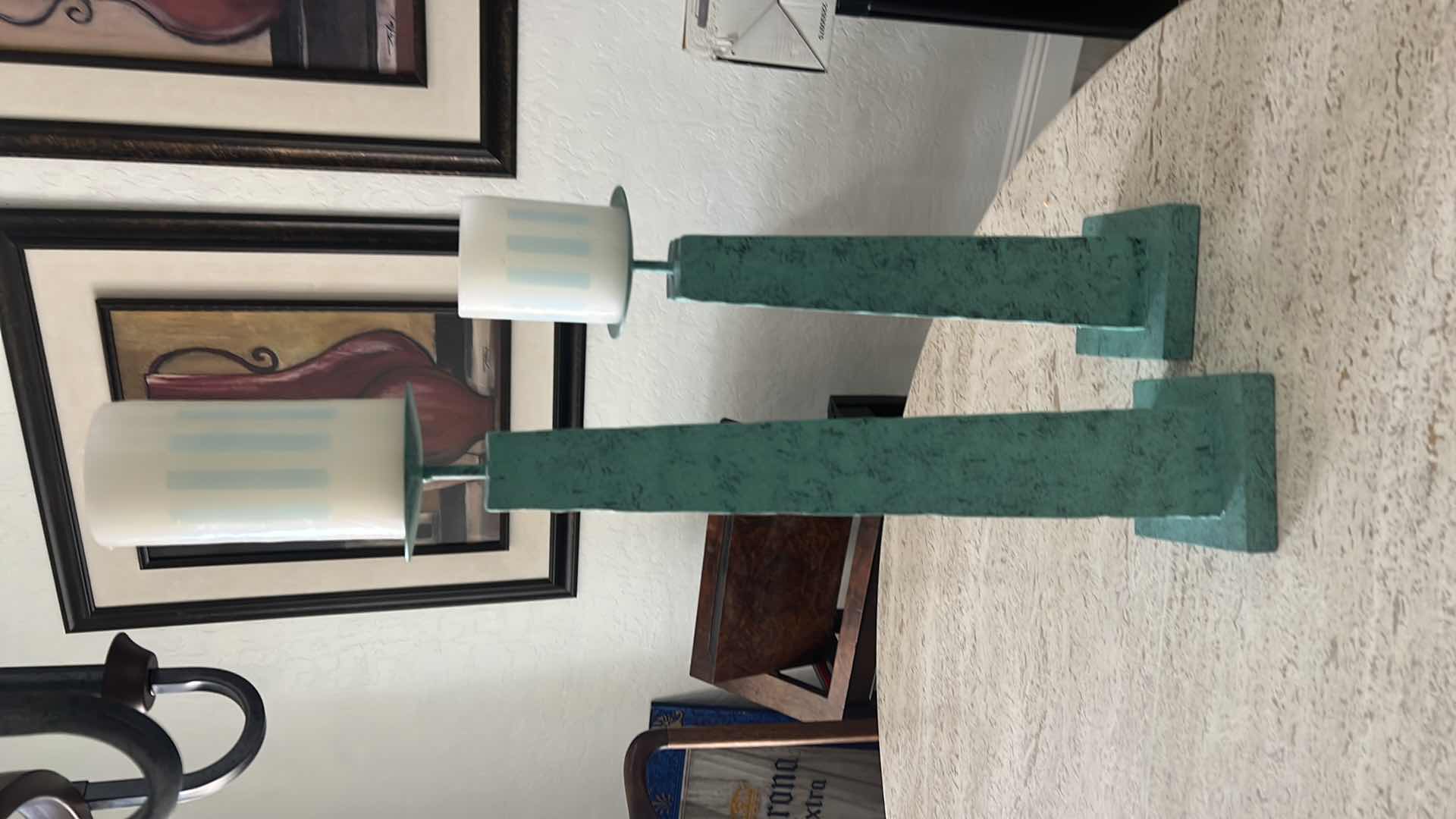 Photo 3 of 2-CANDLES AND TEAL PEDESTALCANDLE HOLDERS