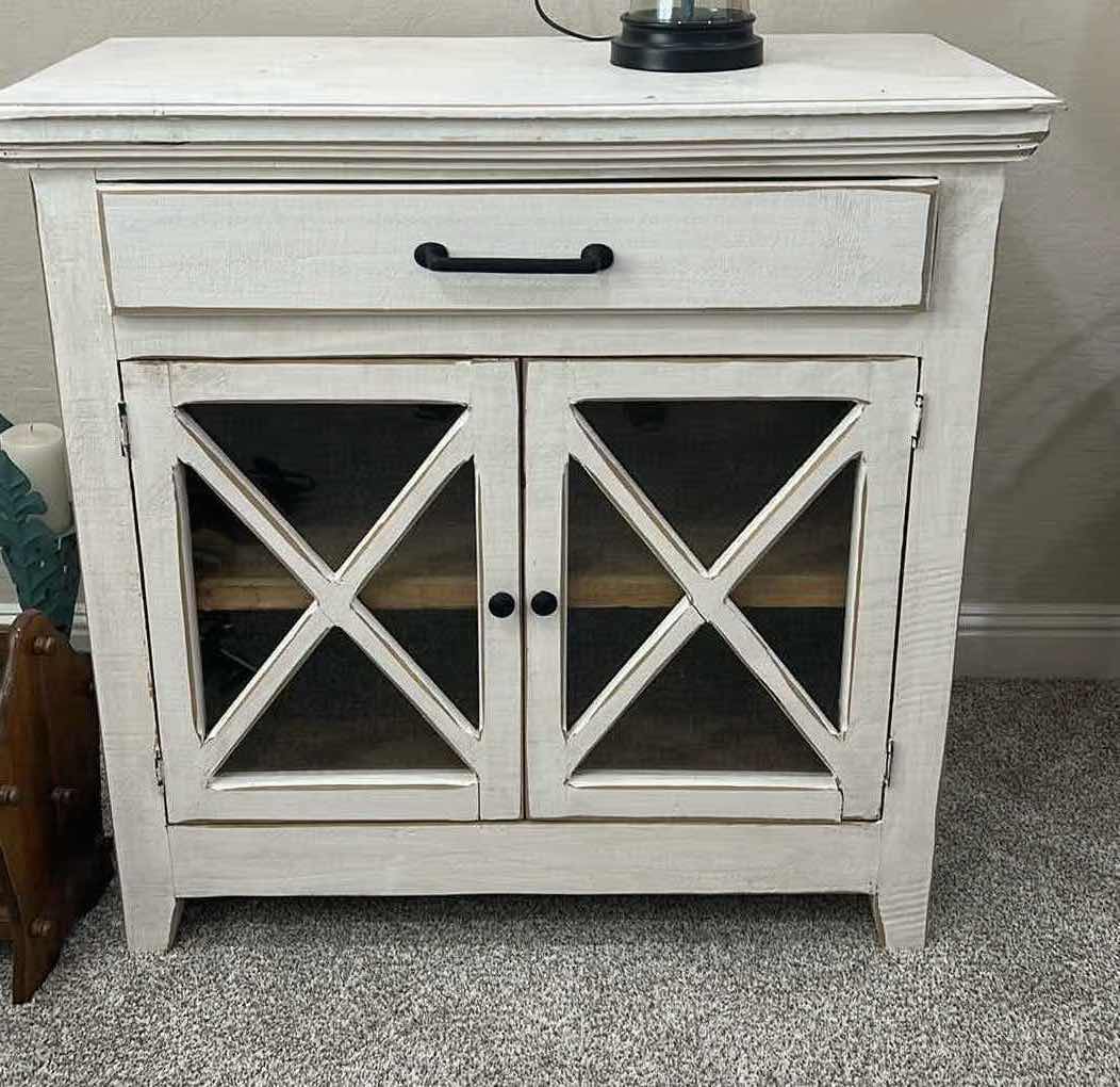 Photo 1 of HOME DECOR ACCENT CABINET-WHITE DISTRESSED WOOD AND GLASS