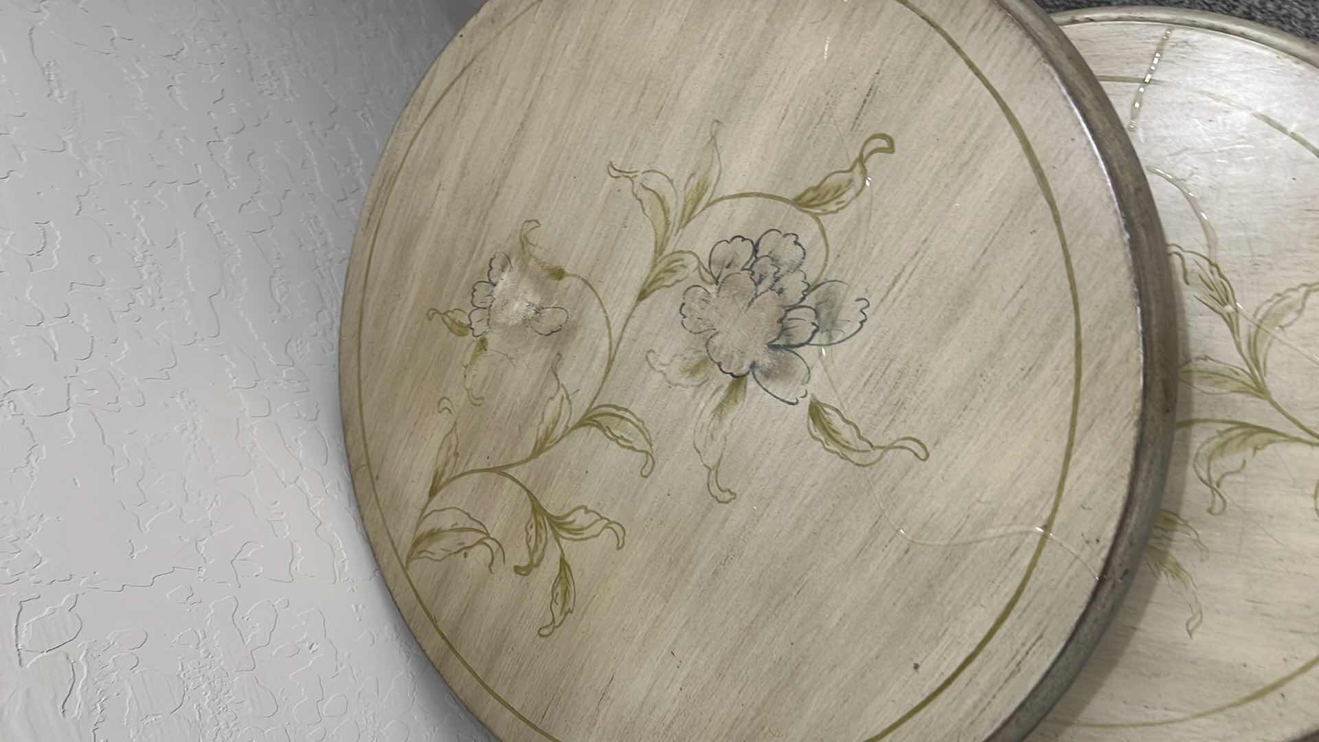 Photo 1 of VINTAGE STYLE ROUND NESTING TABLES. FLORAL PATTERN, SMALLEST HEIGHT IS 16", LARGEST IS 24"H.