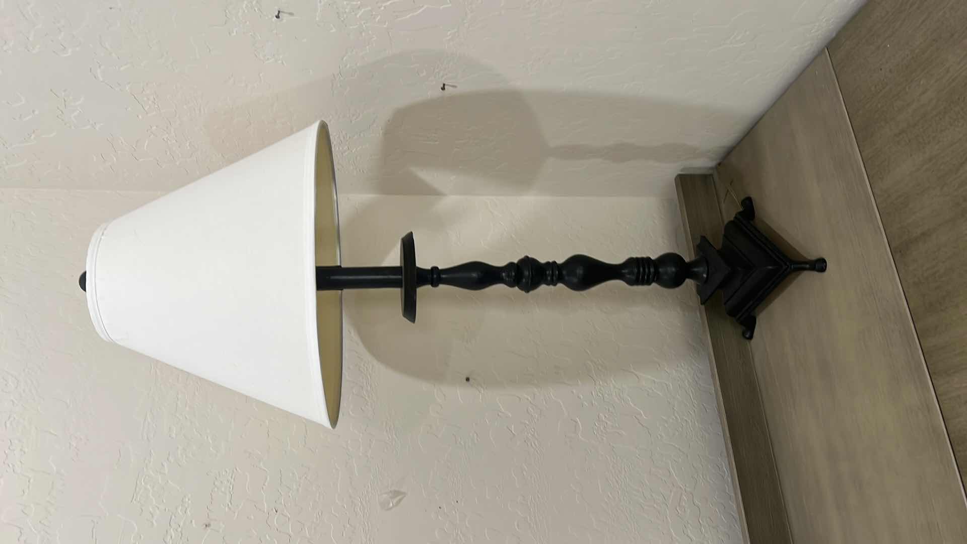 Photo 1 of HOME DECOR LAMP. BLACK METAL BASE WITH LIGHT LAMPSHADE. 14”H