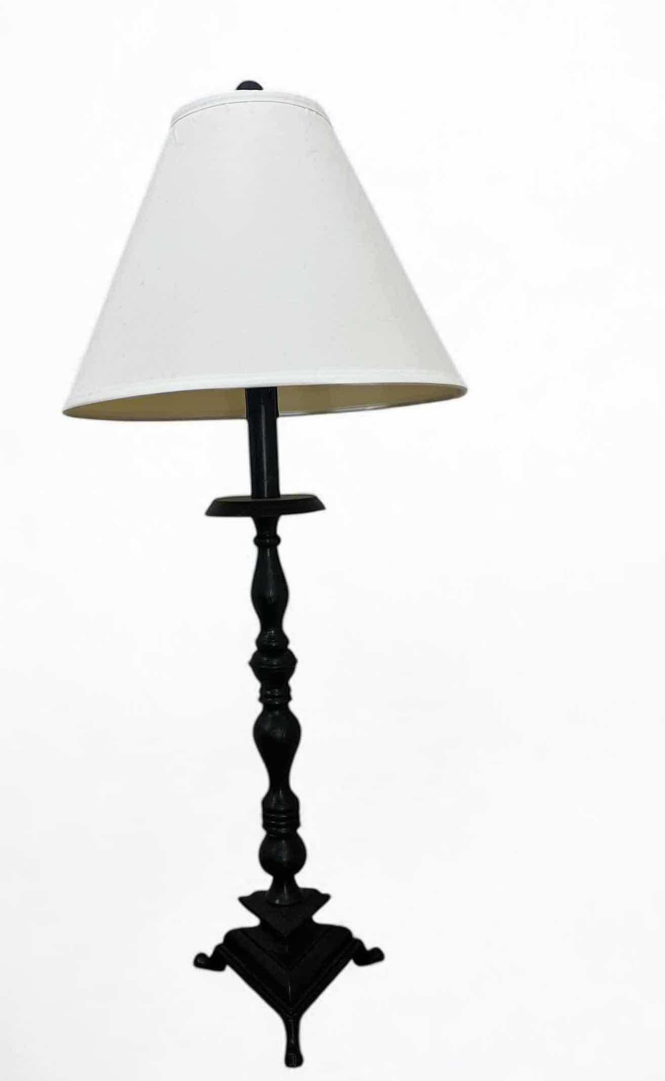 Photo 1 of HOME DECOR LAMP. BLACK METAL BASE WITH LIGHT LAMPSHADE. 14”H