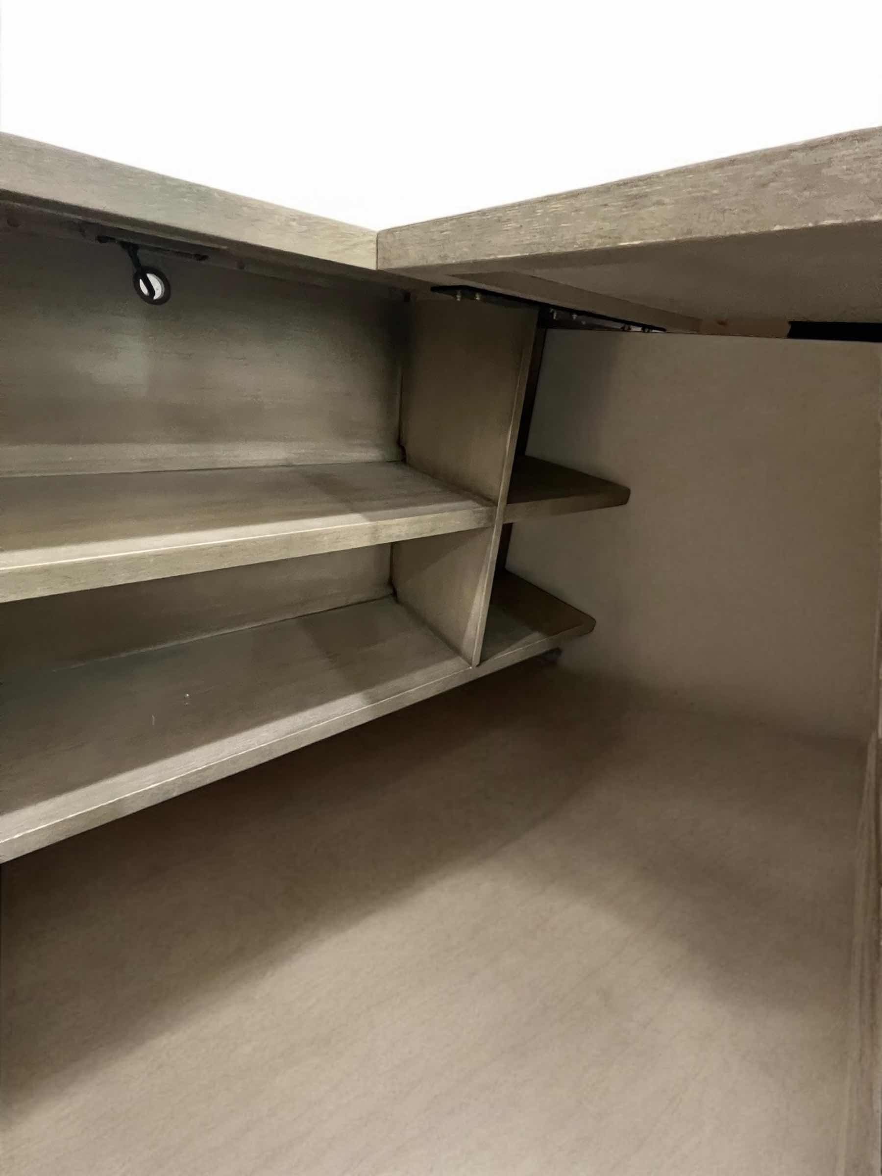 Photo 1 of WOODEN L SHAPED DESK. 3 PIECE GREY DISTRESSED WITH REMOVABLE FILE DRAWERS.  56"X 26"X 30"