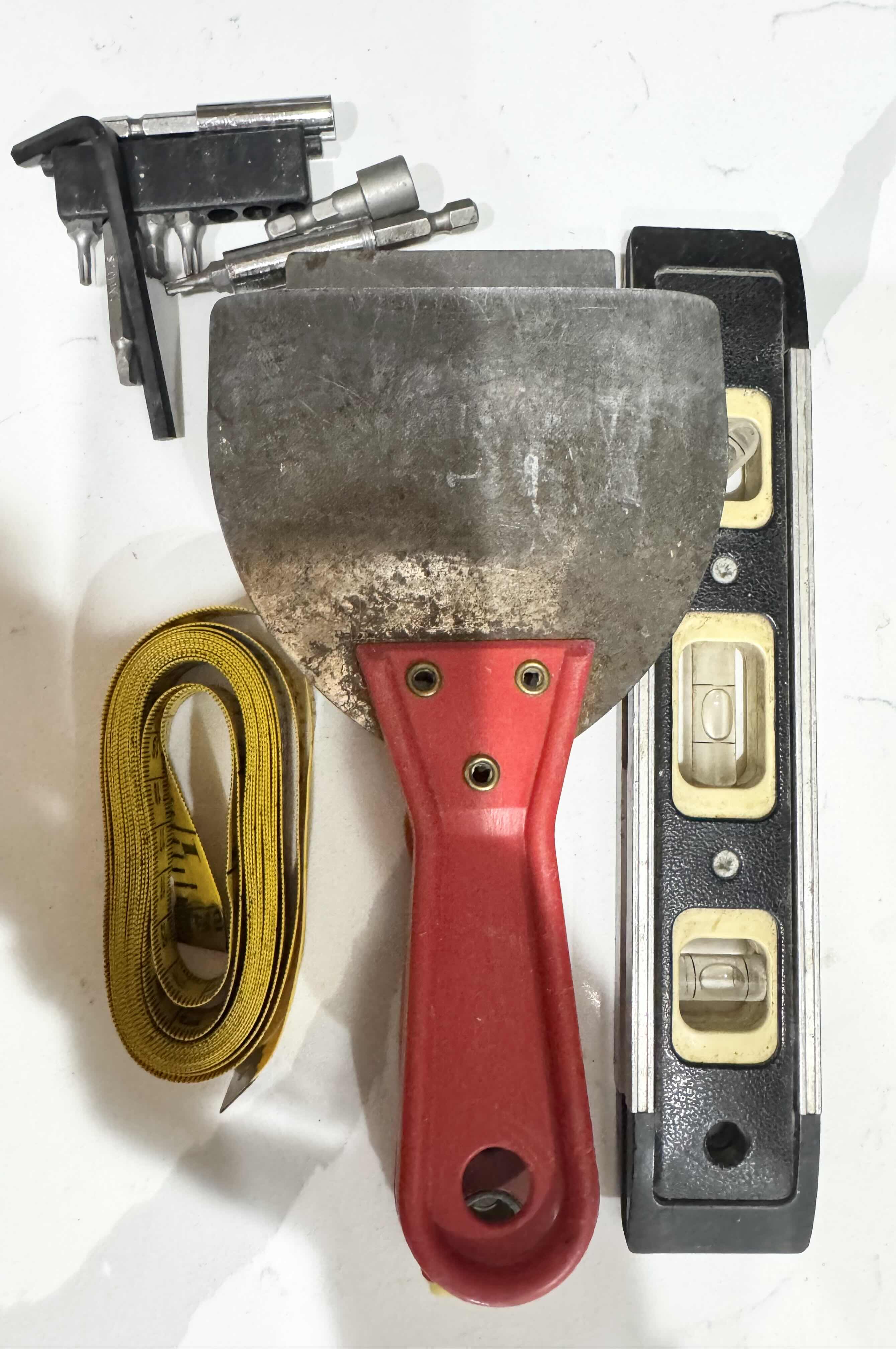 Photo 1 of ASSORTED TOOLS, MEASURING TAPE, SCRAPPING TOOLS, AND LEVEL MEASURER