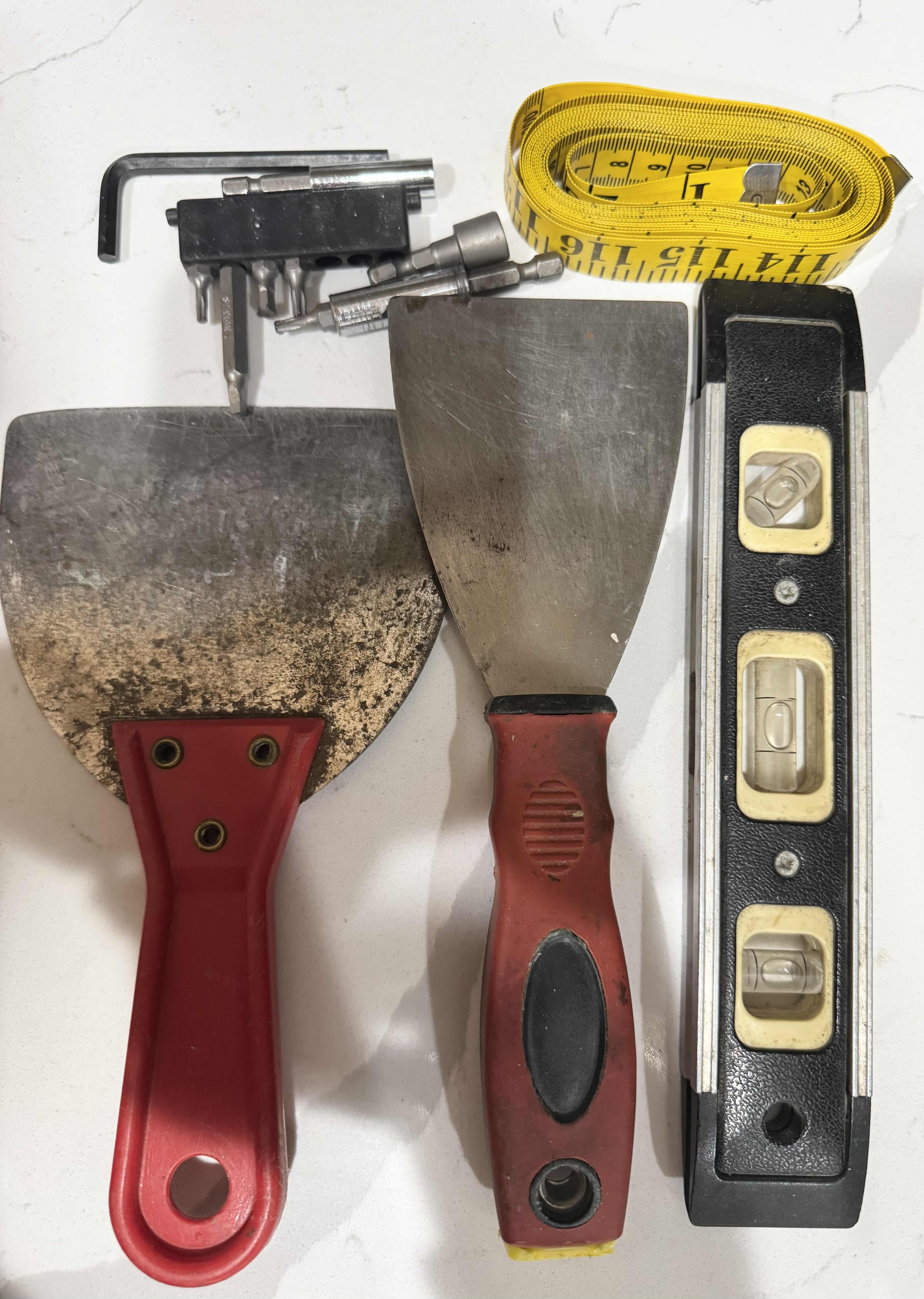 Photo 1 of ASSORTED TOOLS, MEASURING TAPE, SCRAPPING TOOLS, AND LEVEL MEASURER