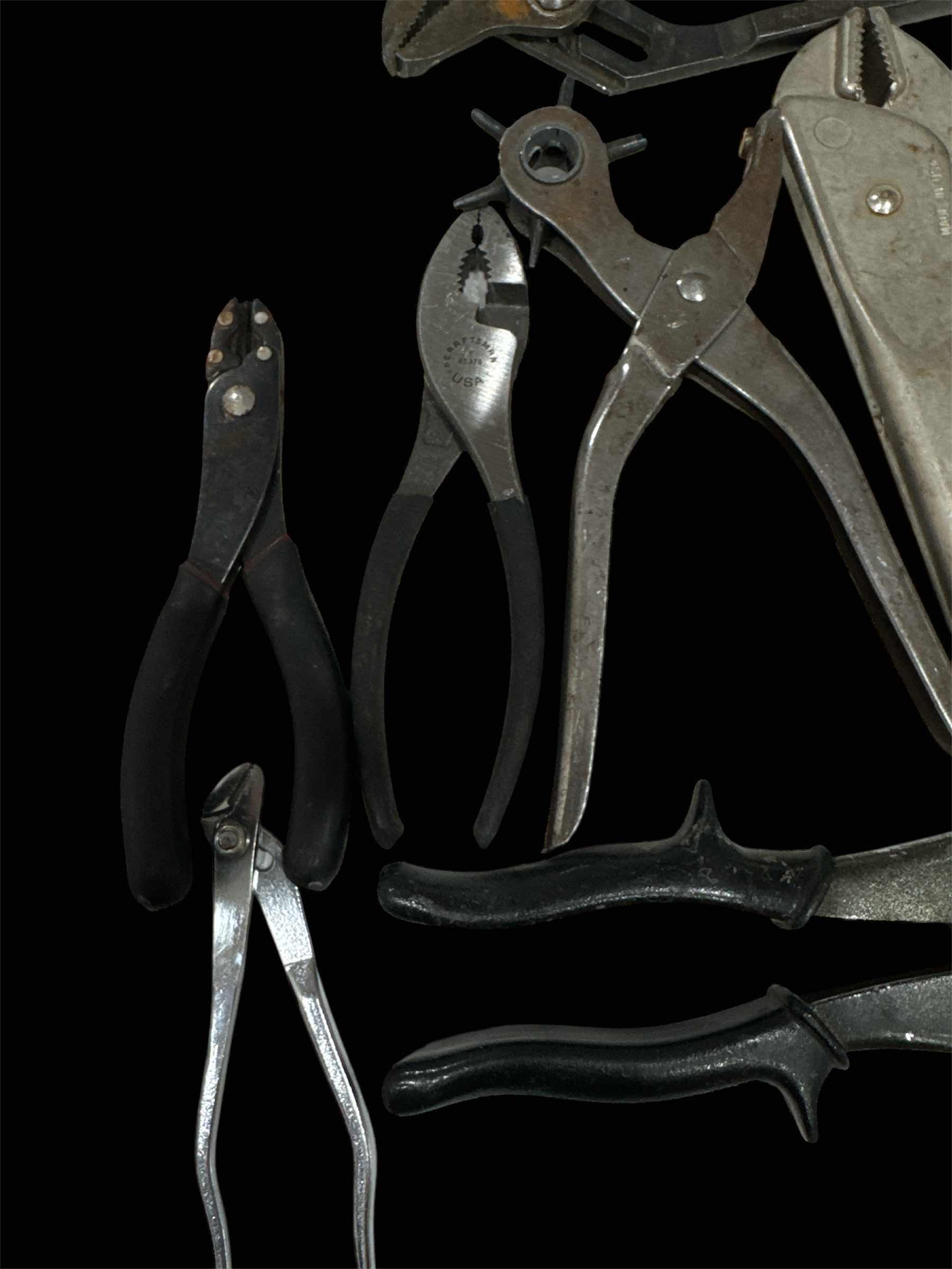 Photo 1 of VARIOUS TOOLS-PLIERS, WRENCHES, LEATHER HOLE PUNCH ETC.