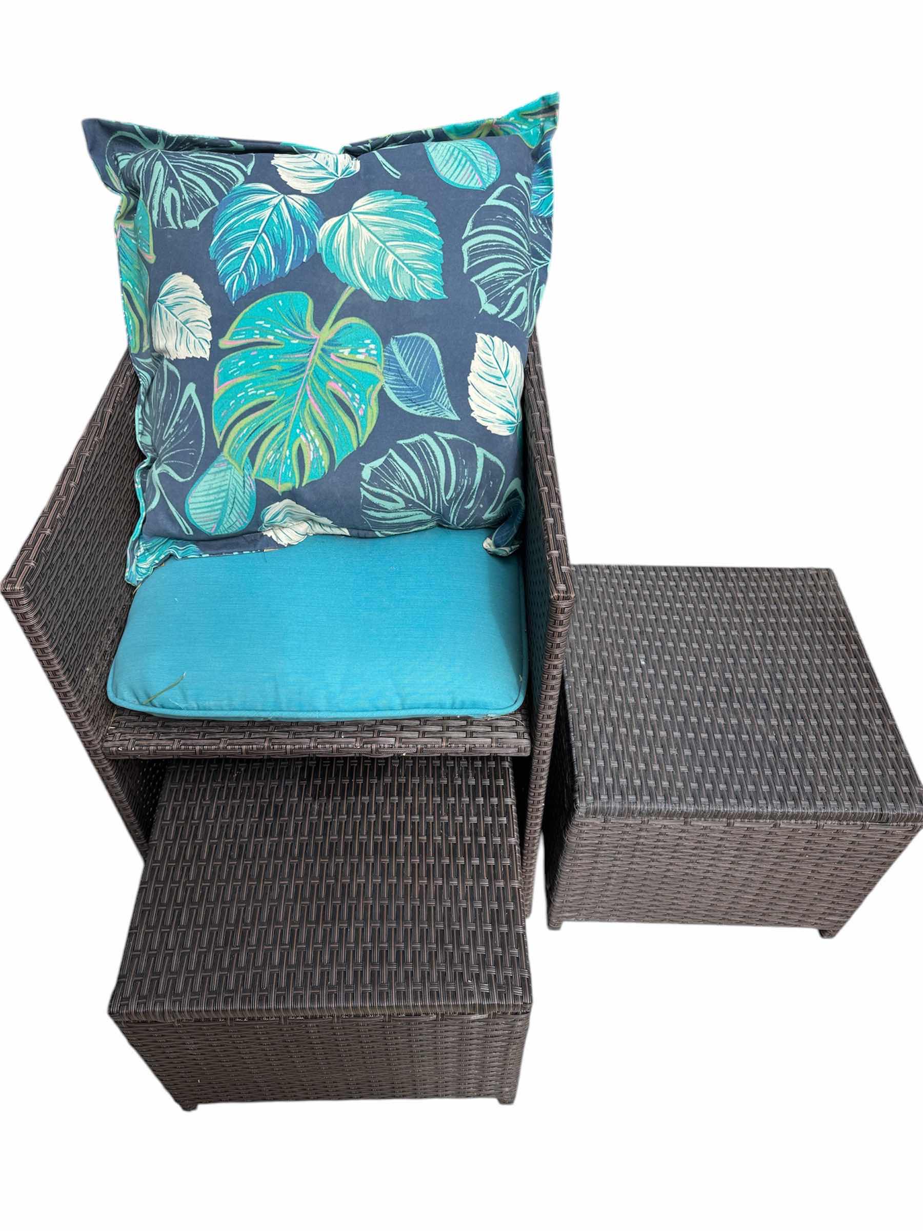Photo 1 of 2 OUTDOOR PATIO CHAIRS WITH PILLOWS, STANDS, AND LEG REST CHAIRS 21”W X 26.5”H
STANDS AND LEG RESTS 16.5”W X 12”H