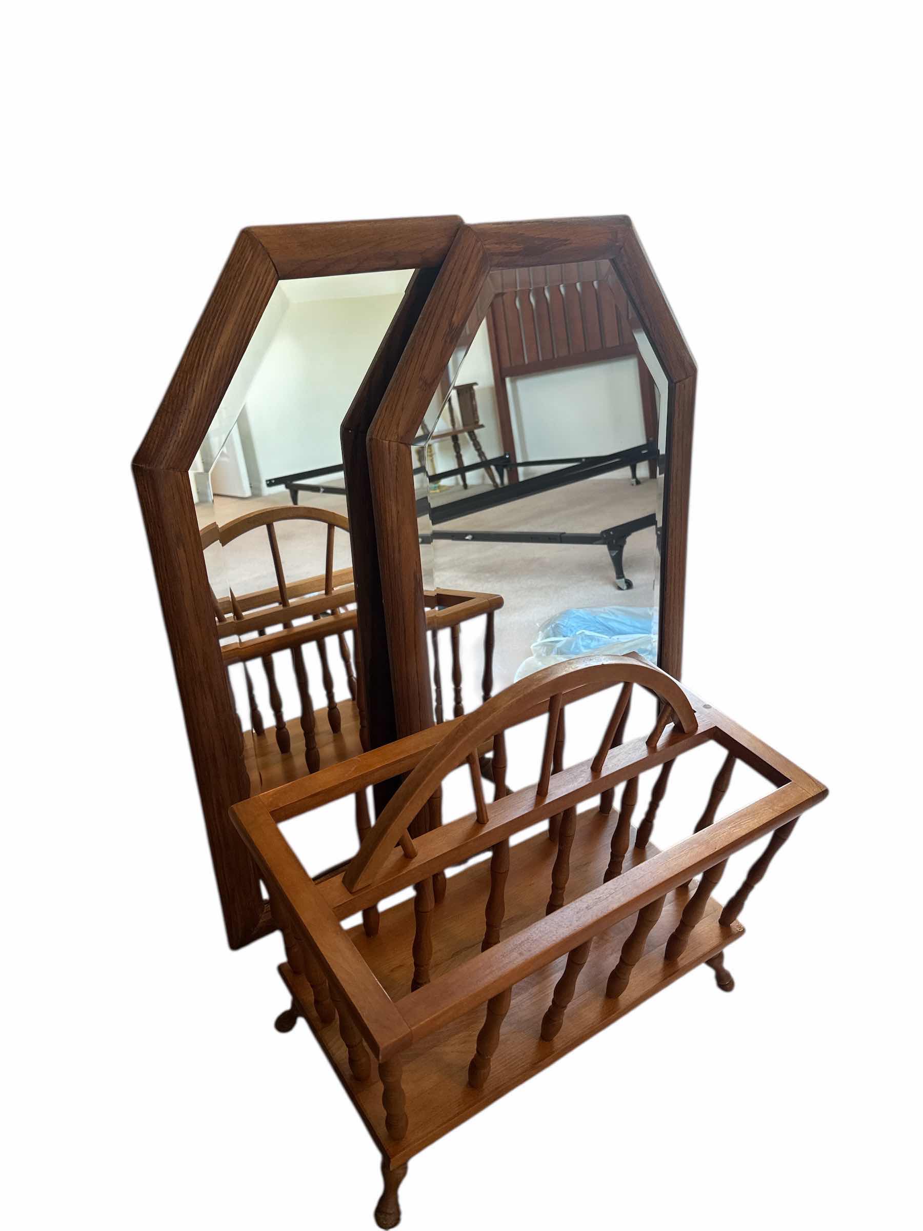 Photo 1 of 2 WOOD BEVELED EDGE MIRRORS 19“ x 29“ & WOOD MAGAZINE RACK
