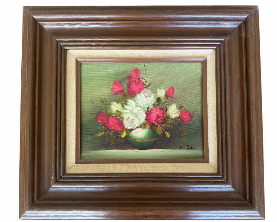 Photo 1 of 55
VINTAGE WOOD FRAMED ROSES IN VASE OIL PAINTING ON CANVAS, SIGNED 
16” X 18” X H1”