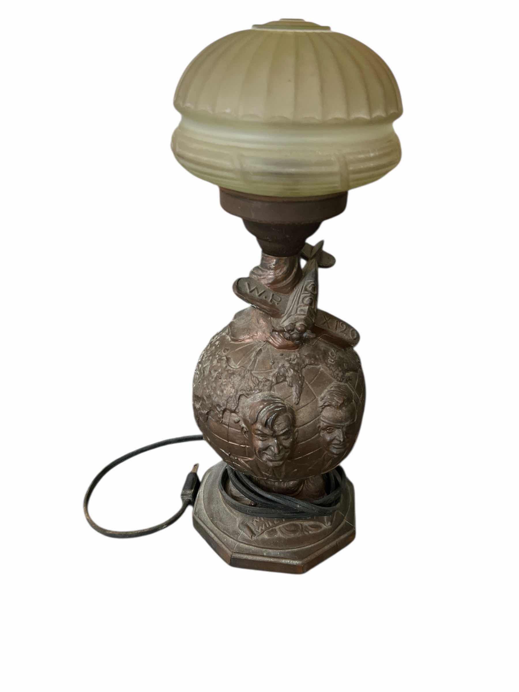 Photo 1 of $350 WILL ROGERS WILEY POST LAMP - VINTAGE 1930s - RAIAED RLEIF METAL NASE FEATURING ROGERS AND POST AND A BIPLANE - FROST GLASS GLOBE -  ELECTRIC LAMP