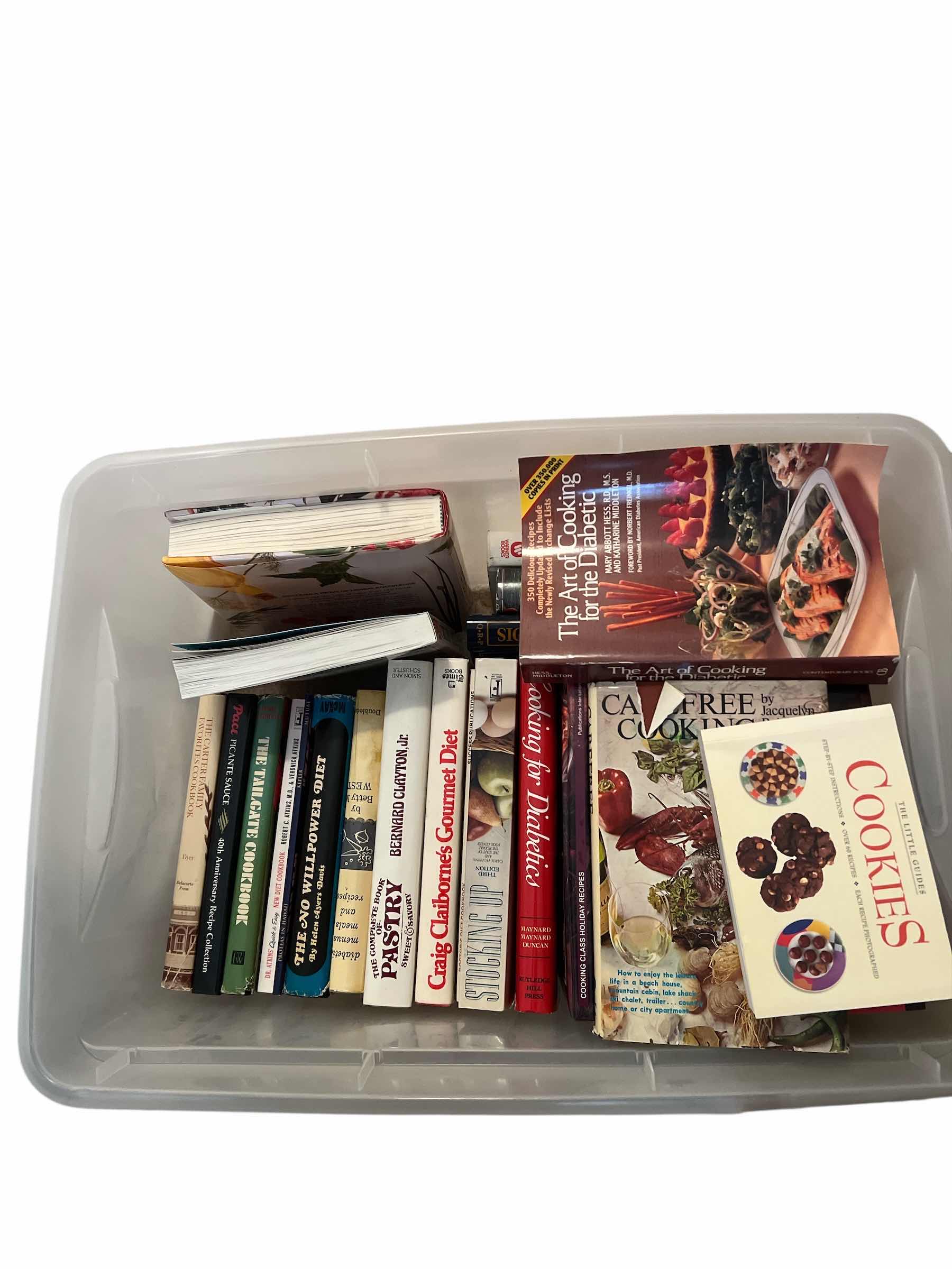 Photo 1 of COLLECTION OF VINTAGE AND NEWER COOKBOOKS INCLUDING SEWING PLASTIC TOTE - HARDBOUND AND SOFTCOVER