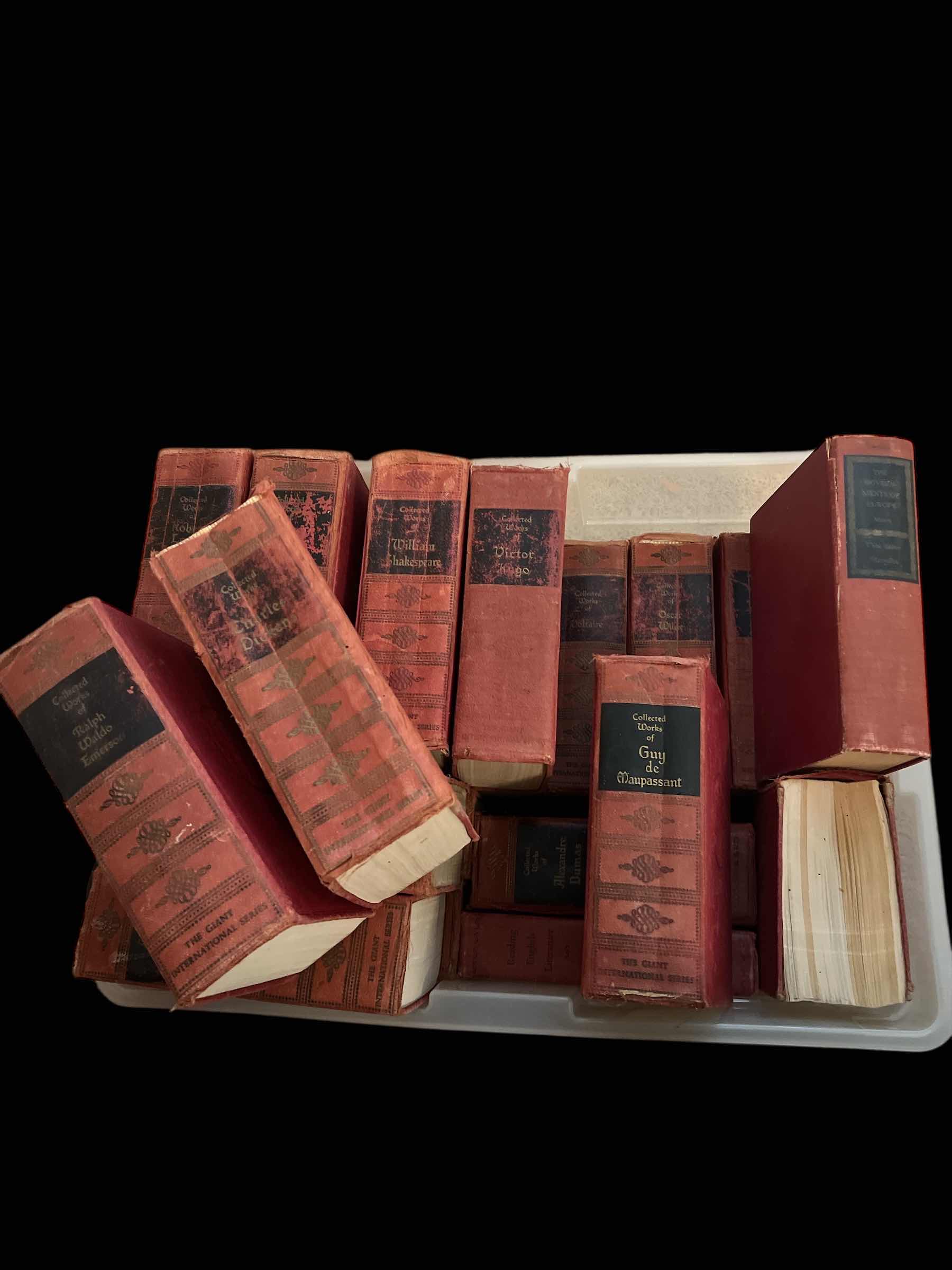 Photo 1 of PLASTIC TOTE OF VINTAGE COLLECTION OF THE CLASSICS - HARDBOUND - DICKENS, EMERSON  AND MANY MORE