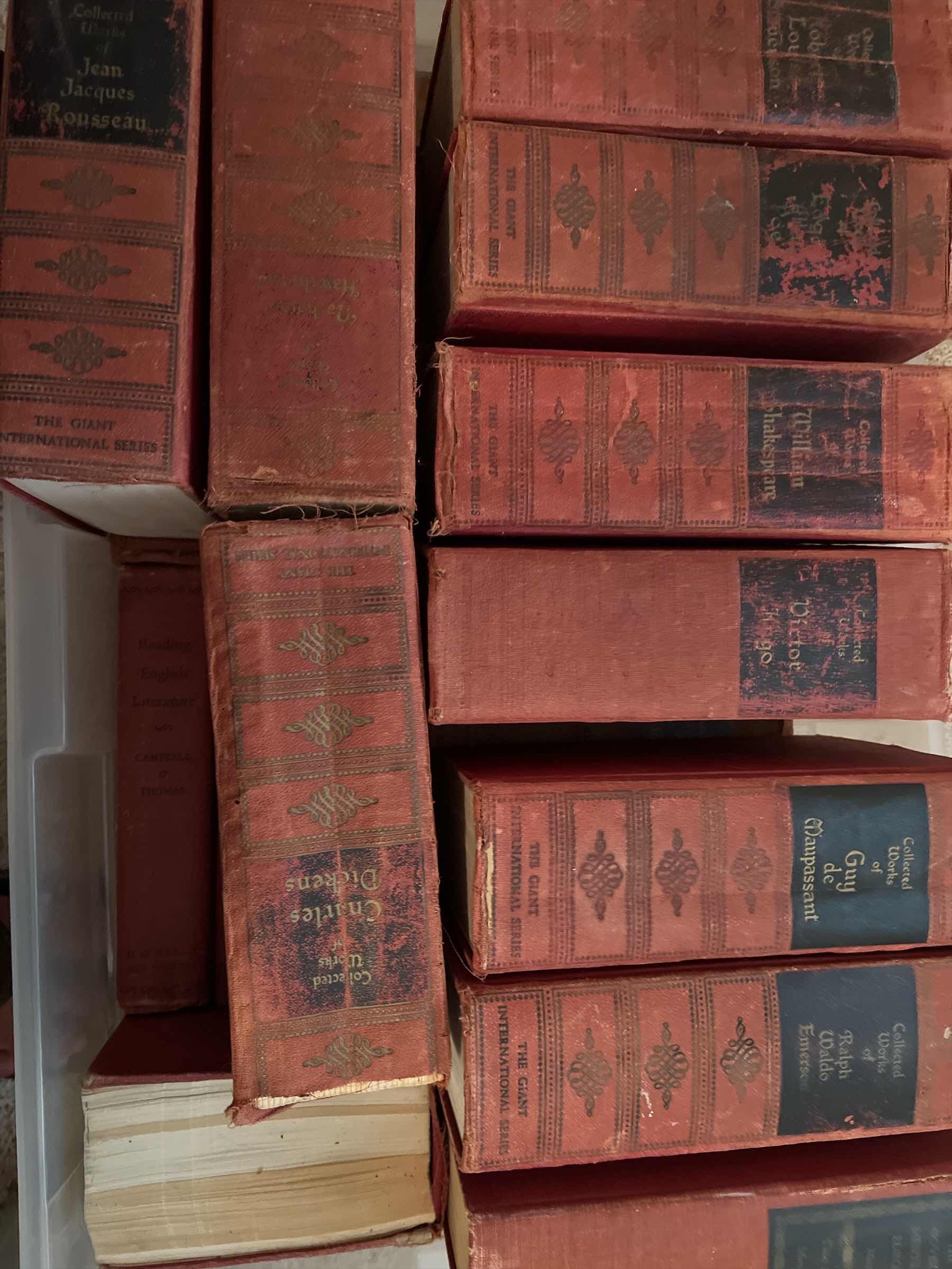 Photo 1 of PLASTIC TOTE OF VINTAGE COLLECTION OF THE CLASSICS - HARDBOUND - DICKENS, EMERSON  AND MANY MORE