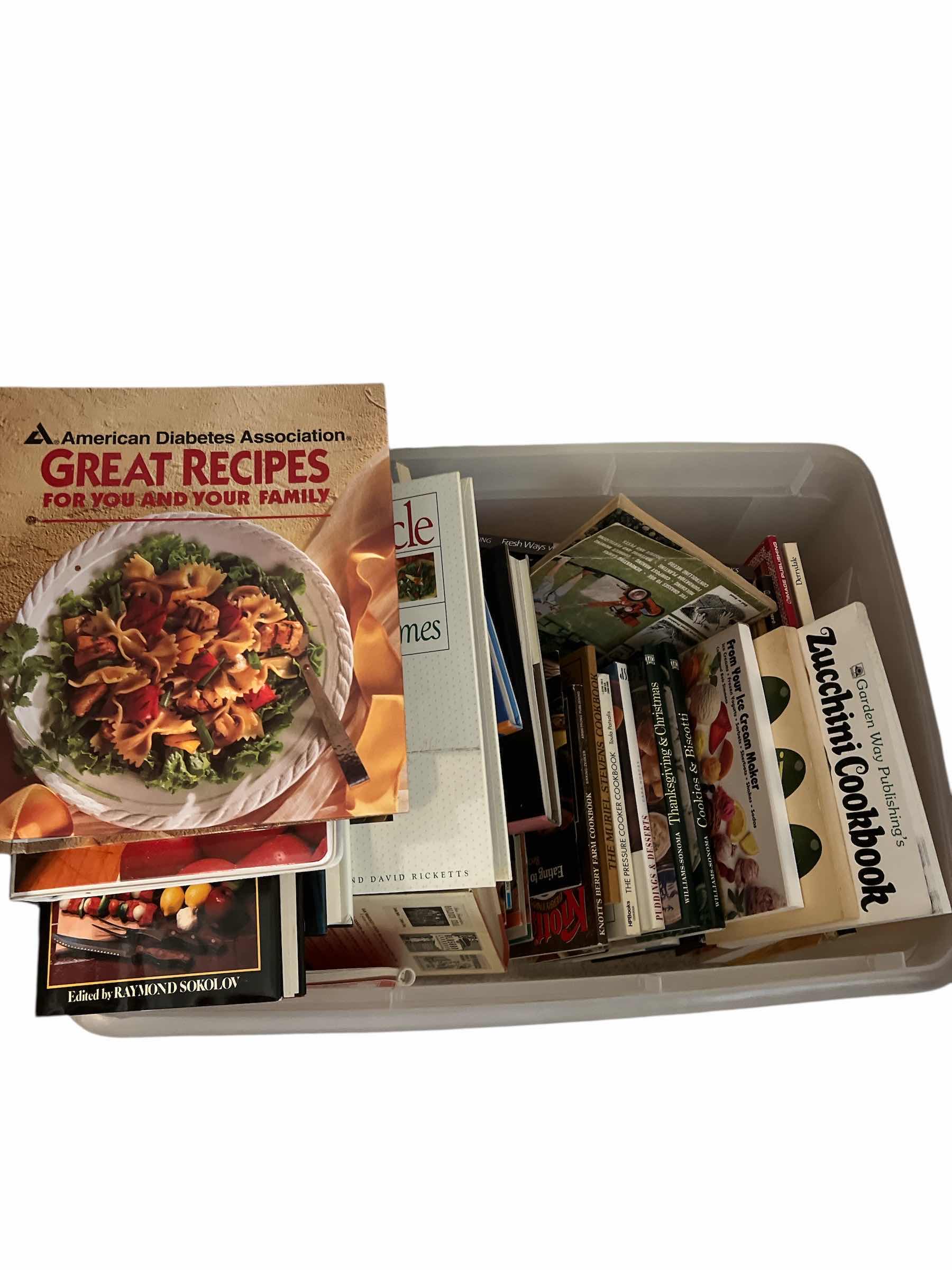 Photo 1 of PLASTIC TOTE OF VINTAGE COOKBOOKS - HARDBACKS AND MORE