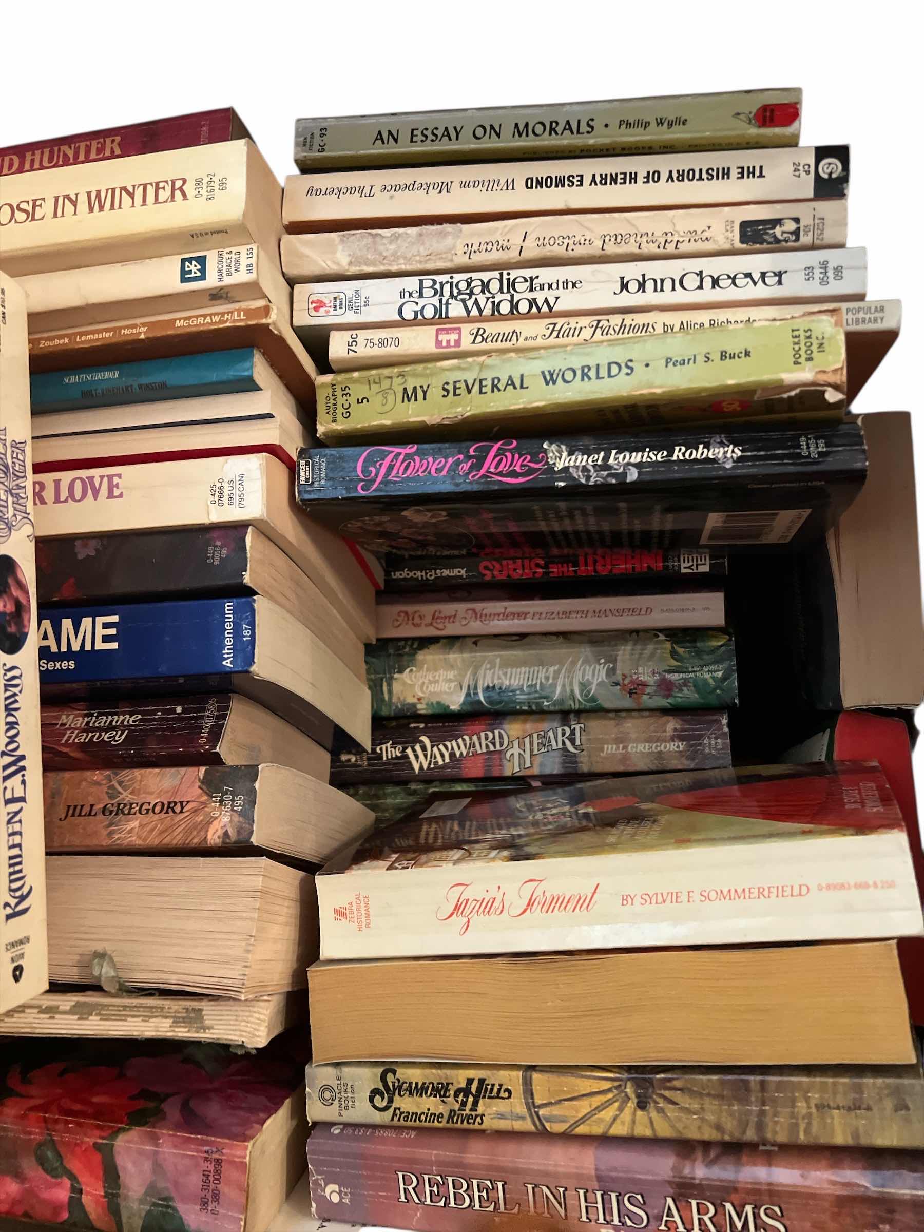 Photo 1 of BOX OF COLLECTION OF PAPERBACK BOOKS - MANY ARE LARGE ED. PAPERBACKS - NOVELS AND MORE