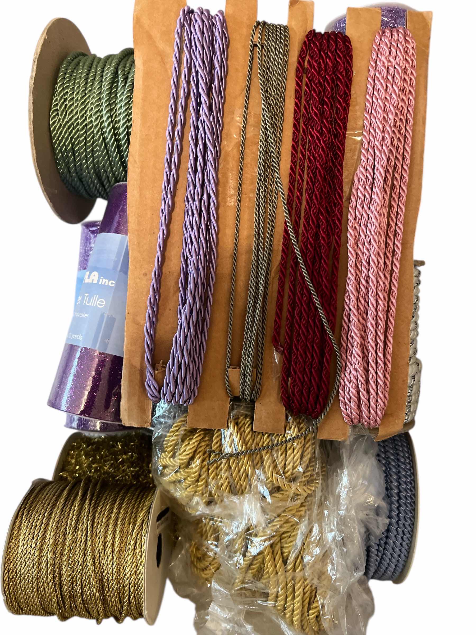 Photo 1 of 3ASTIC CONTAINERS AND CONTENTS INCLUDING RIBBON NEW IN BOX, VINTAGE RIBBON AND CORD