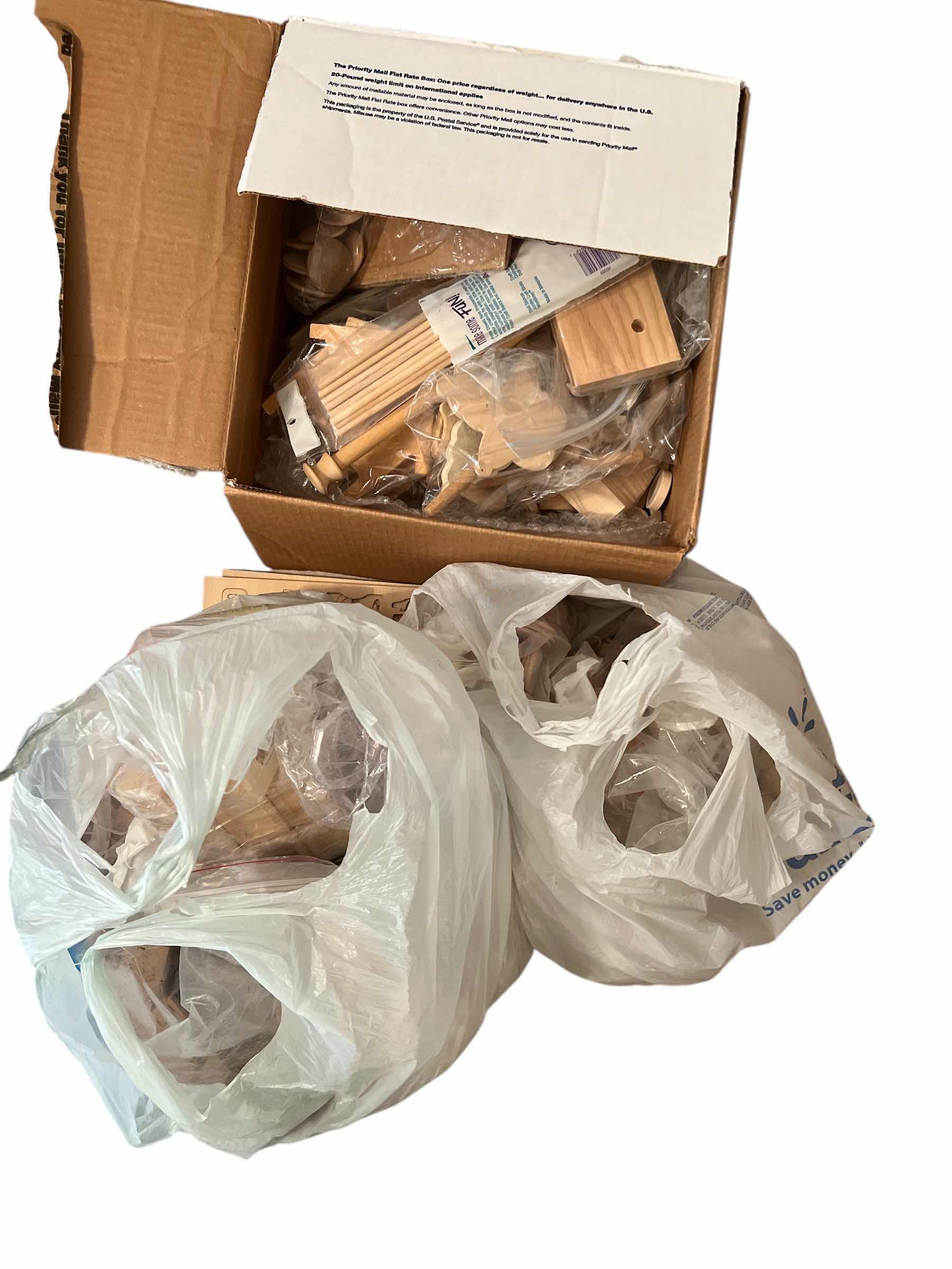 Photo 1 of BOX AND TWO BAGS OF WOOD CRAFTING SUPPLIES