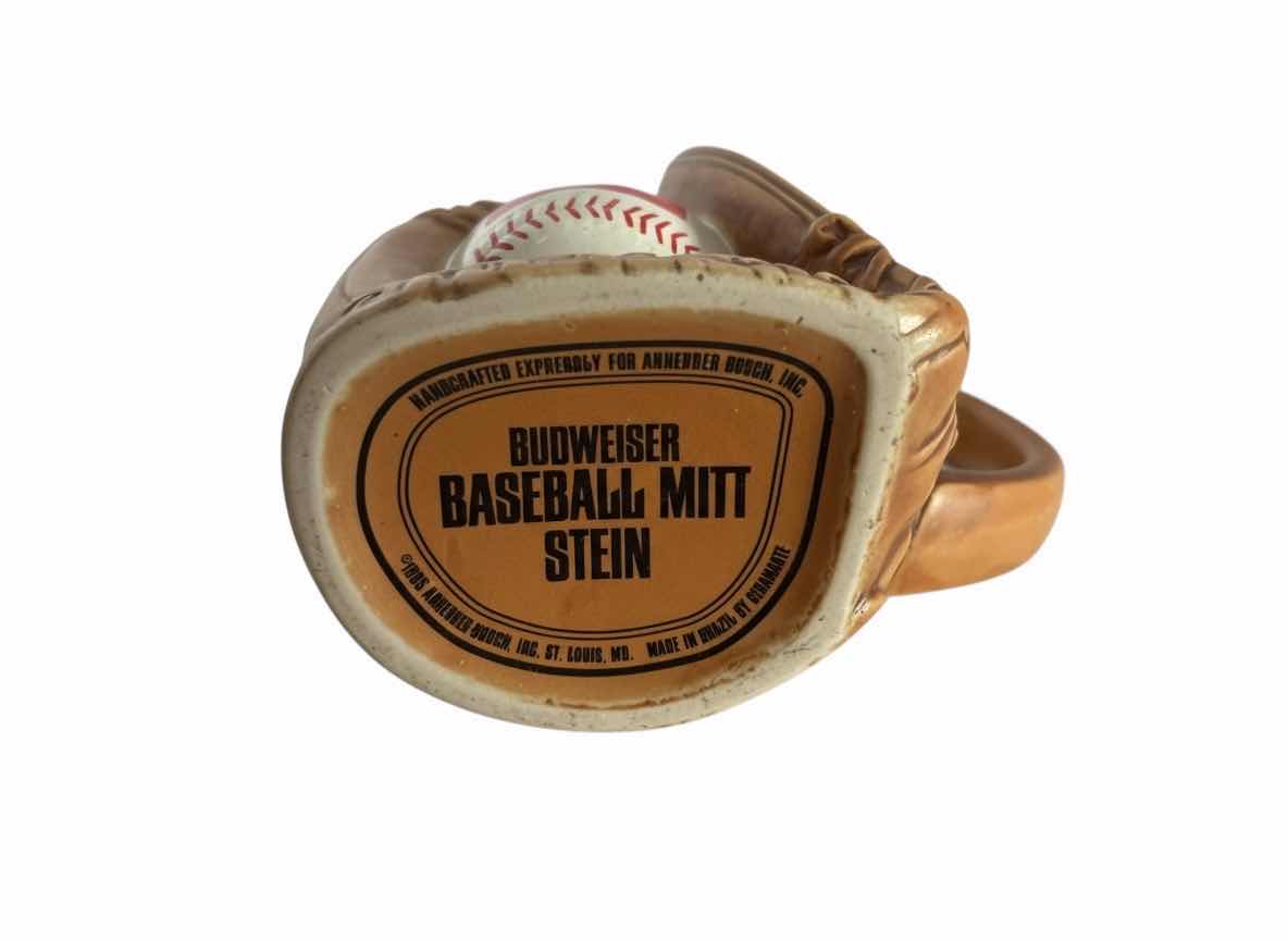 Photo 1 of BUDWEISER BASEBALL W GLOVE BEER STEIN, BOSTON RED SOX REPLICA PLASTIC HELMET