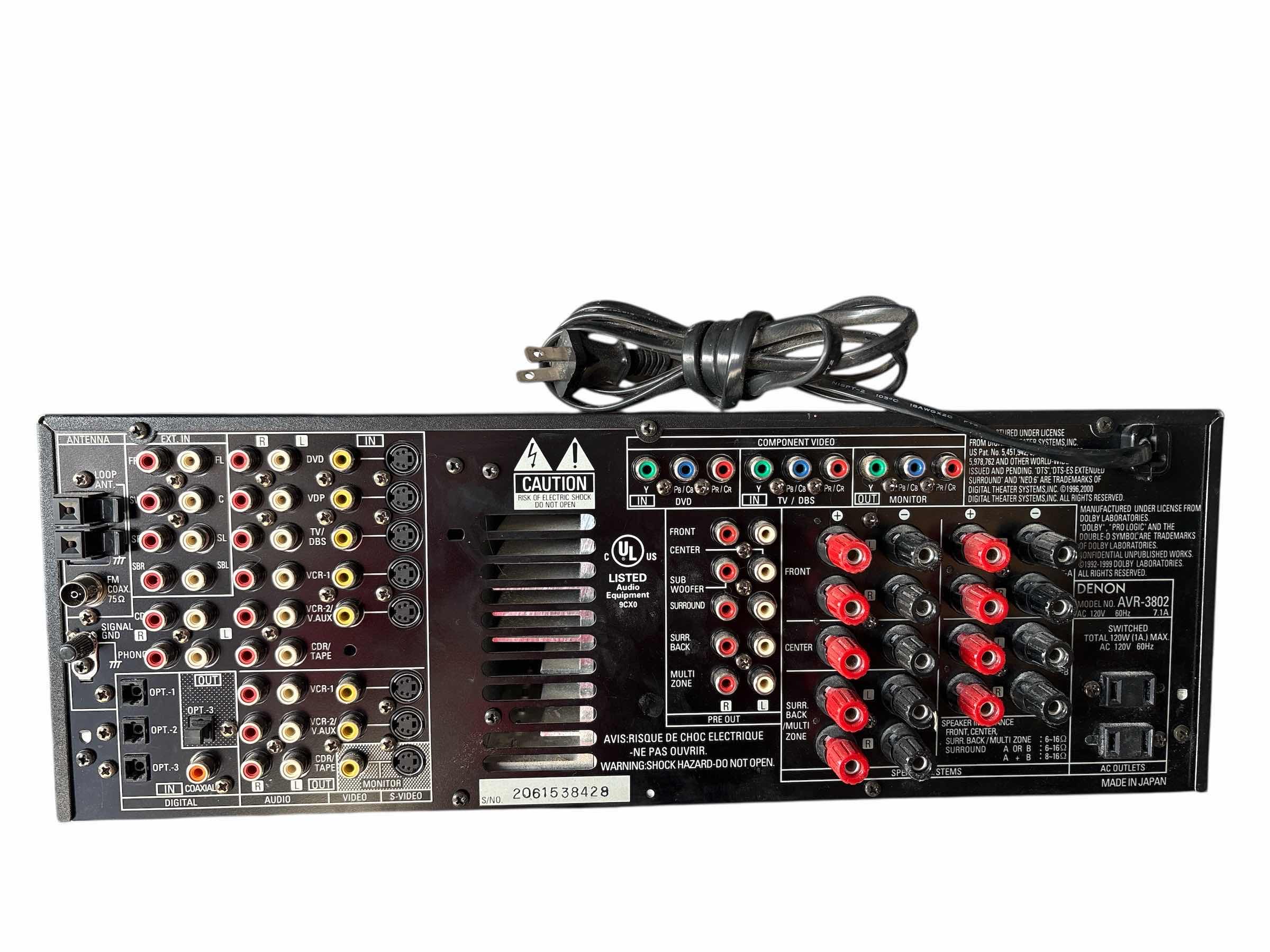 Photo 1 of DENON AVR-3802 SURROUND RECEIVER W REMOTE