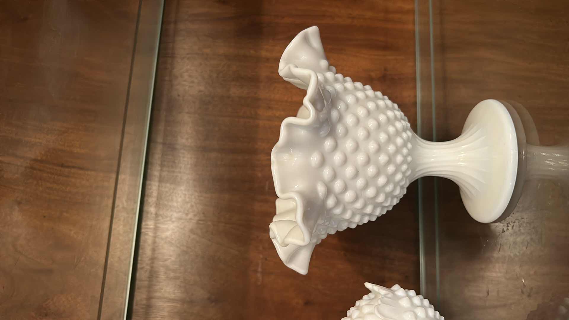 Photo 1 of 3 VINTAGE MILK GLASS PIECES -COMMONLY IDENTIFIED AS FENTON HOBNAIL. COVERED CANDY DISH, A RUFFLED VASE, AND A FOOTED COMPOTE BOWL, ALL SHOWCASING THE SIGNATURE RAISED DOT PATTERN.