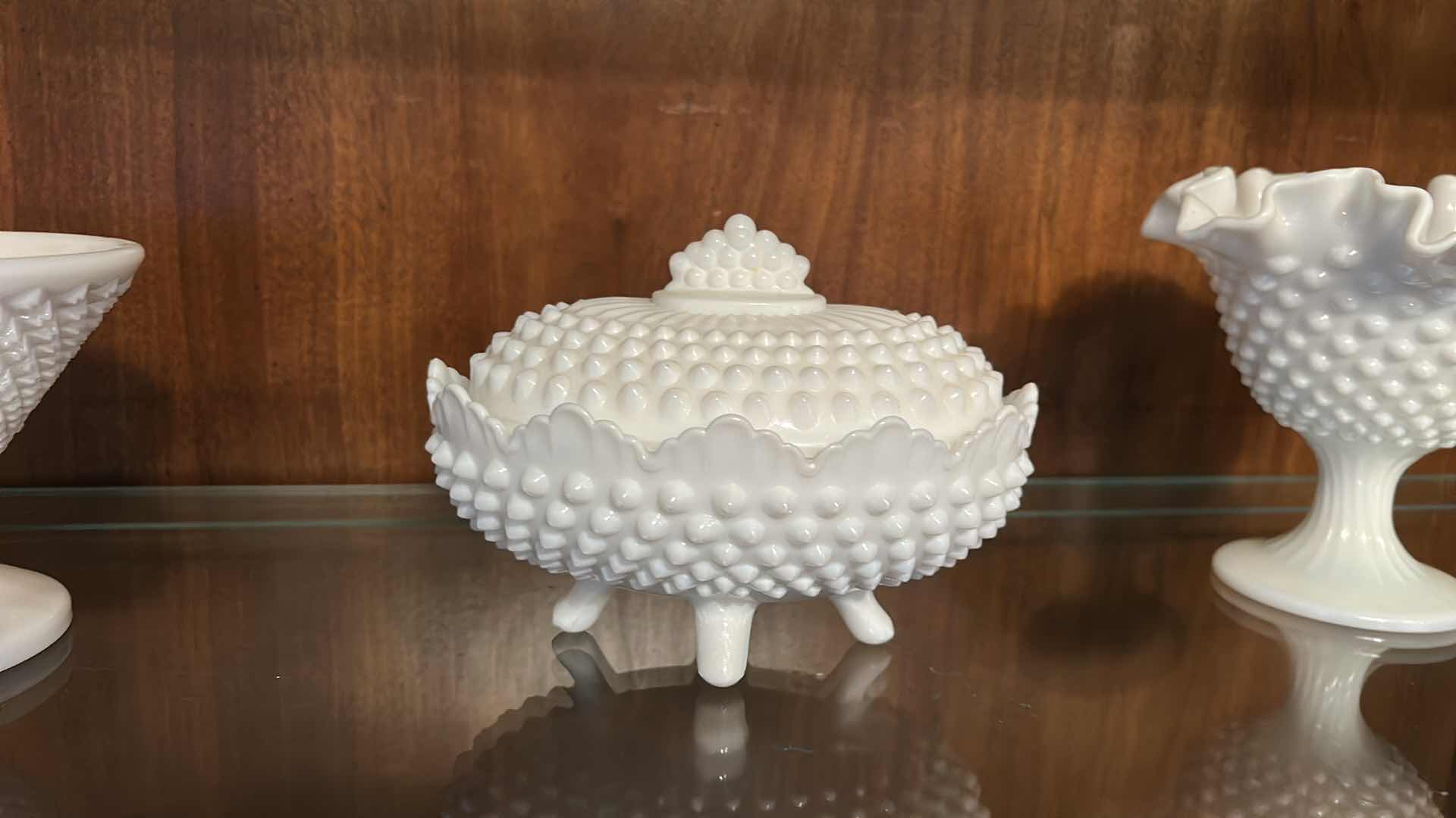 Photo 1 of 3 VINTAGE MILK GLASS PIECES -COMMONLY IDENTIFIED AS FENTON HOBNAIL. COVERED CANDY DISH, A RUFFLED VASE, AND A FOOTED COMPOTE BOWL, ALL SHOWCASING THE SIGNATURE RAISED DOT PATTERN.
