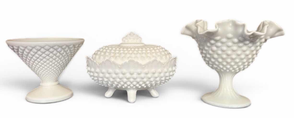 Photo 1 of 3 VINTAGE MILK GLASS PIECES -COMMONLY IDENTIFIED AS FENTON HOBNAIL. COVERED CANDY DISH, A RUFFLED VASE, AND A FOOTED COMPOTE BOWL, ALL SHOWCASING THE SIGNATURE RAISED DOT PATTERN.