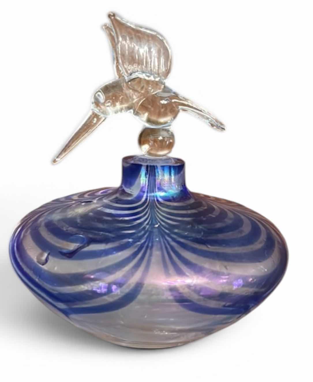 Photo 1 of VINTAGE ART GLASS PERFUME BOTTLE FEATURING A CLEAR GLASS HUMMINGBIRD STOPPER. H4.5”
