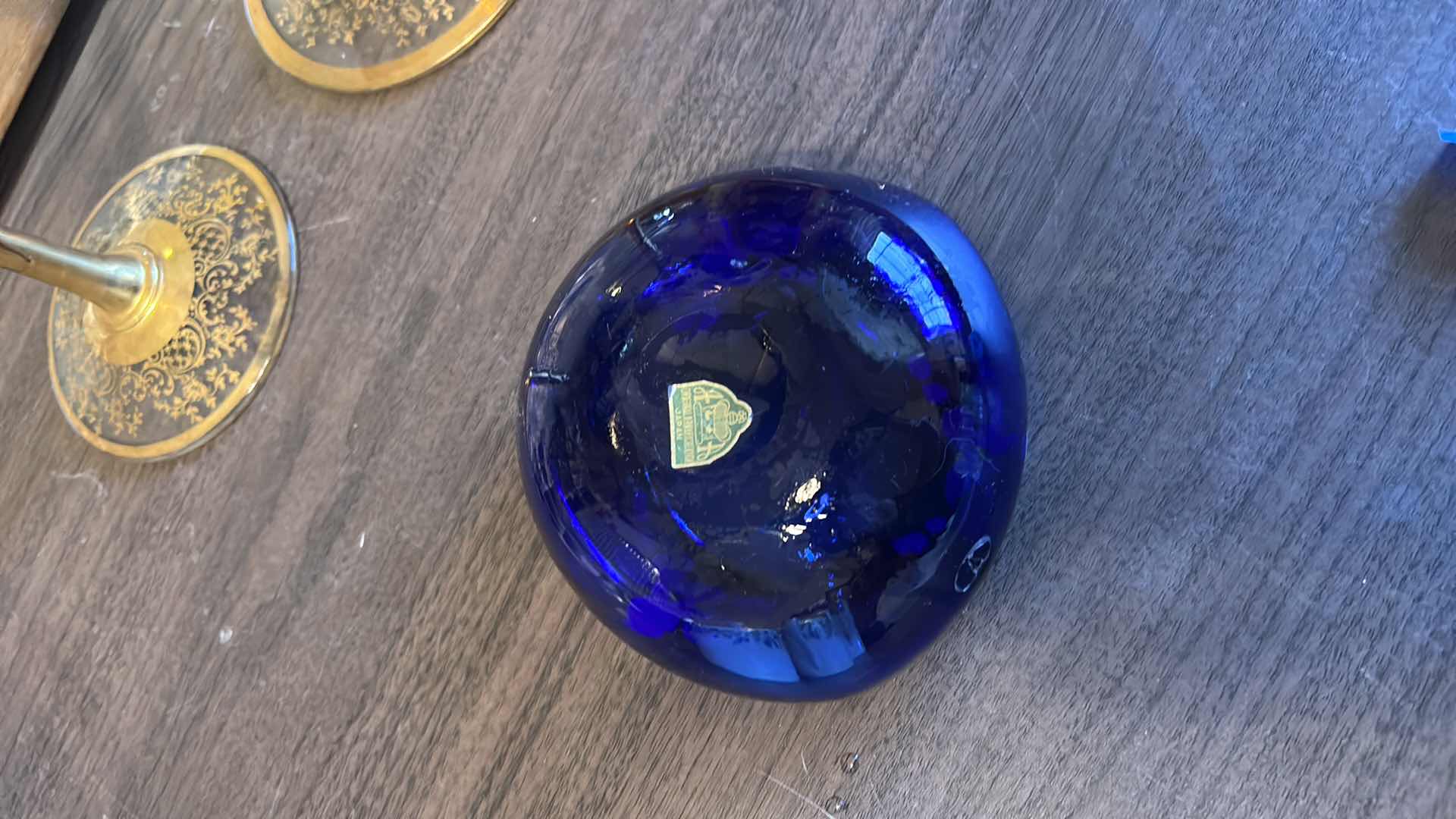 Photo 1 of 2 VINTAGE BOHEMIAN-STYLE COBALT AND GILT ART GLASS PEDESTAL COMPOTE / GOBLET, FEATURING HEAVY GOLD ENCRUSTED FLORAL DECORATION WITH COBALT BLUE JEWELED CABOCHON ACCENTS, CLEAR STEM, AND GILT FOOT, APPROX. H13” & BOHEMIAN CZECH COBALT BLUE GLASS BOWL,