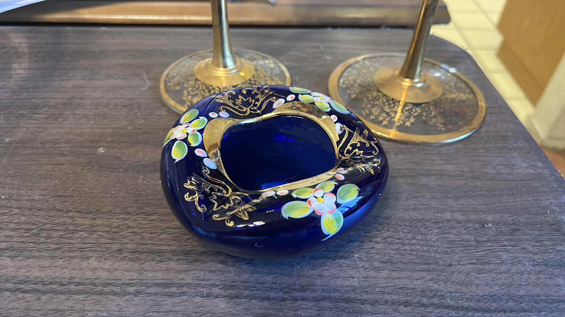 Photo 1 of 2 VINTAGE BOHEMIAN-STYLE COBALT AND GILT ART GLASS PEDESTAL COMPOTE / GOBLET, FEATURING HEAVY GOLD ENCRUSTED FLORAL DECORATION WITH COBALT BLUE JEWELED CABOCHON ACCENTS, CLEAR STEM, AND GILT FOOT, APPROX. H13” & BOHEMIAN CZECH COBALT BLUE GLASS BOWL,