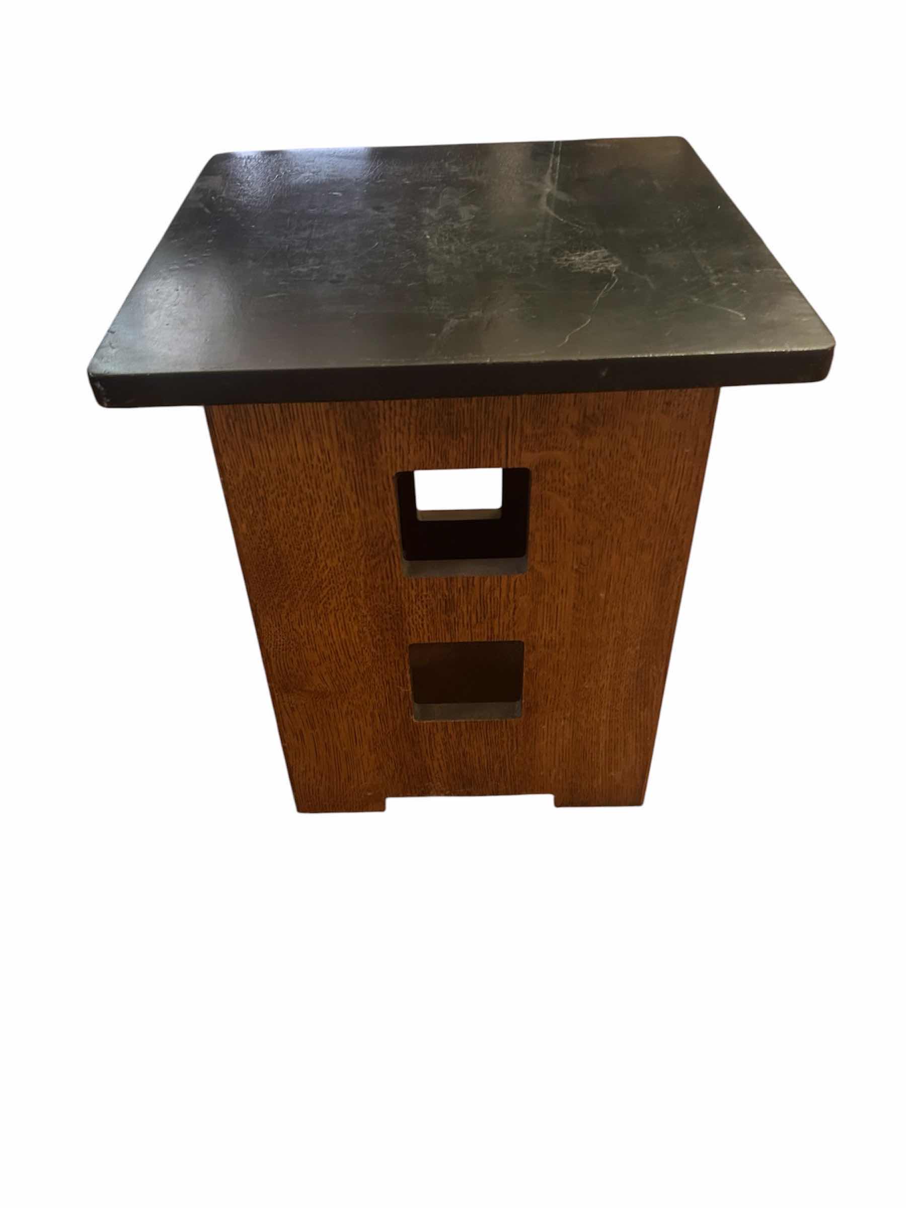 Photo 1 of STICKLEY ARTS & CRAFTS OAK END TABLE W DARK SQUARE TOP & CUTOUT PLINTH BASE 16" X 16" H 18"