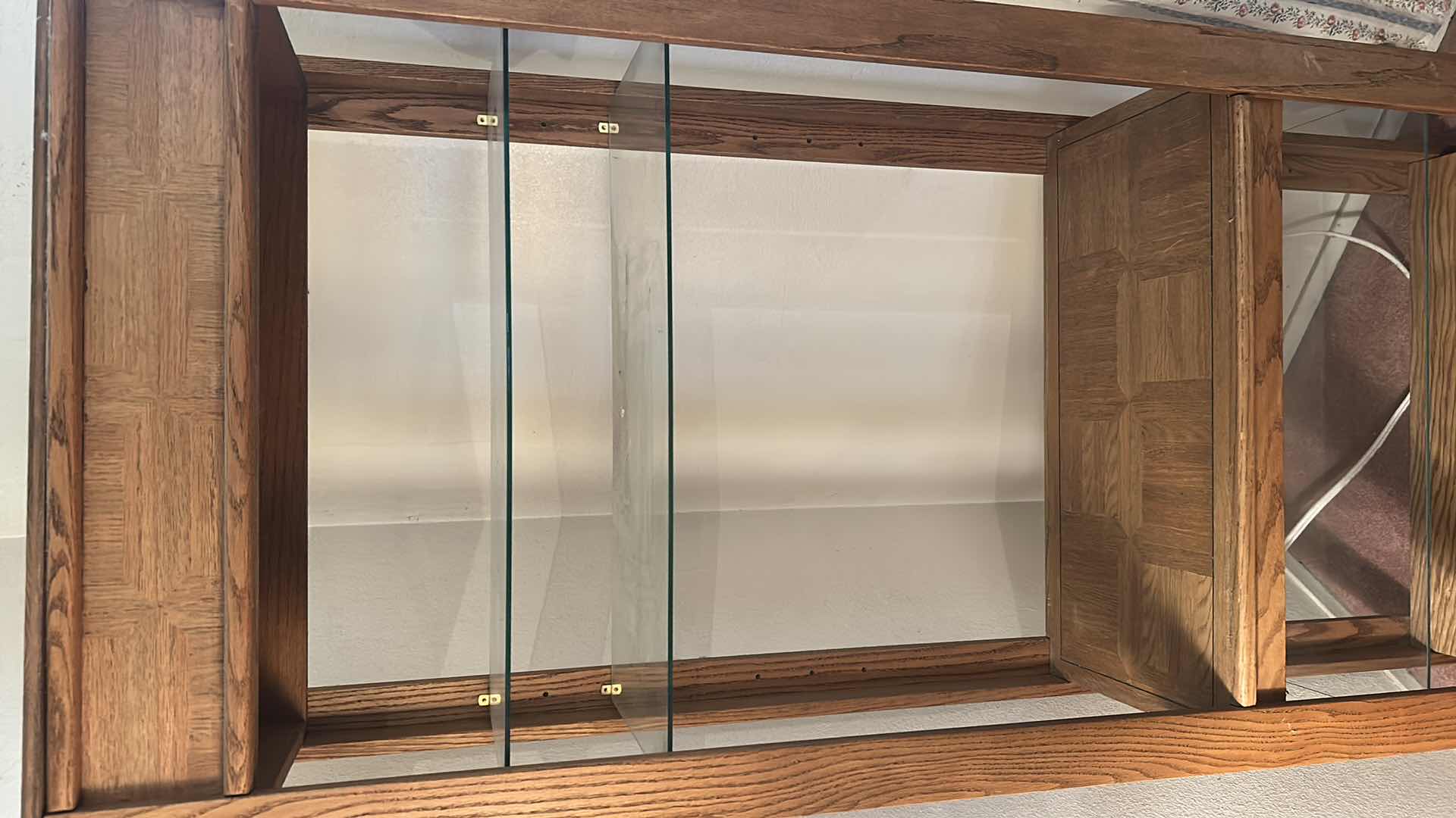Photo 1 of VINTAGE RUSTIC OAK TALL ETAGERE SHOWCASE SHELF W GLASS SHELVES 42" X 16" H 72"