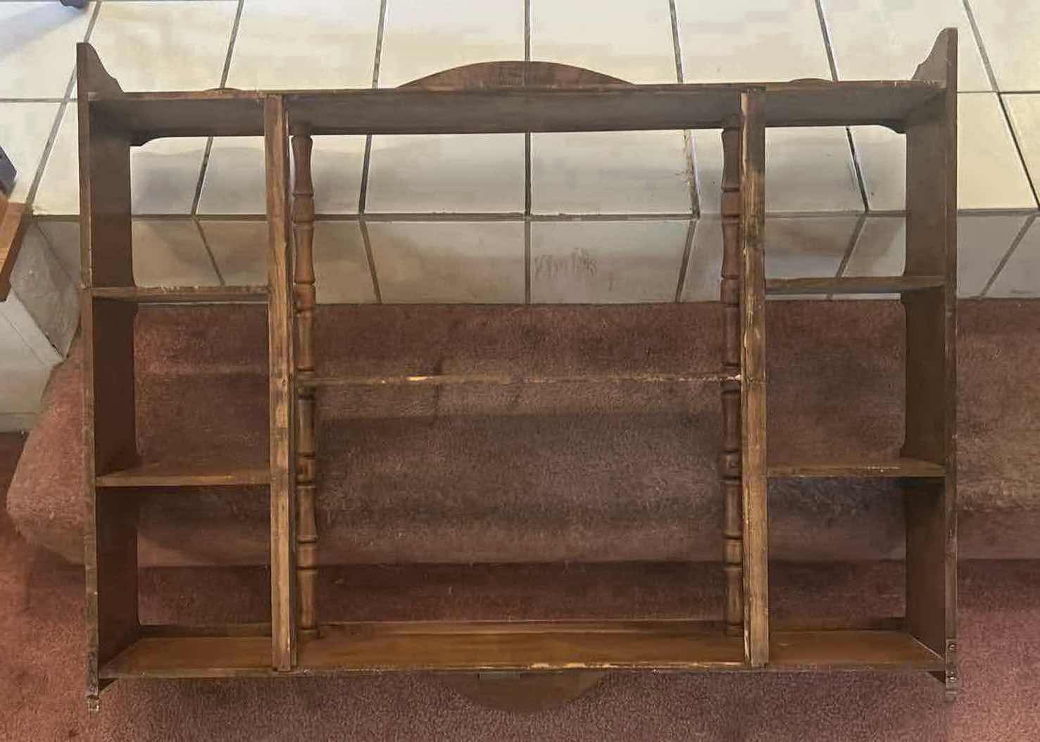 Photo 1 of MEDIUM COLORED-WOOD WALL MOUNTED DISPLAY SHELF FEATURING TURNED SPINDLE DIVIDERS 38" X 5" H 27"