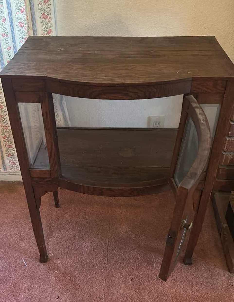 View 2 of ANTIQUE BUTLER TABLE CABINET W BOWED GLASS DISPLAY CASE & BEVELED GLASS PANELS 24" X 14" H 29"