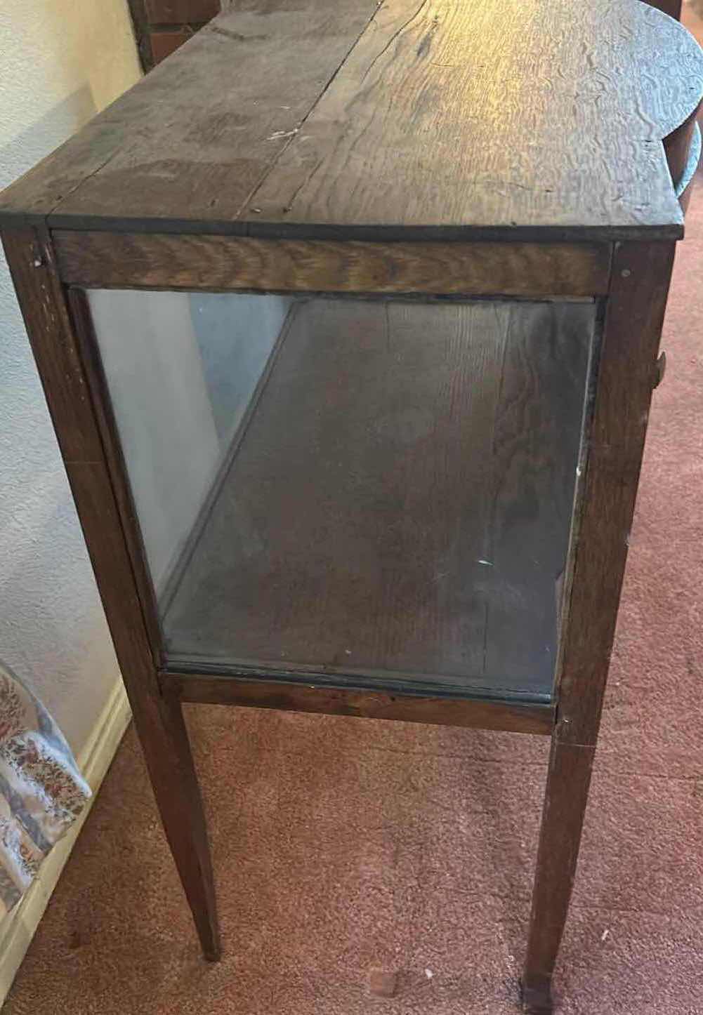 View 3 of ANTIQUE BUTLER TABLE CABINET W BOWED GLASS DISPLAY CASE & BEVELED GLASS PANELS 24" X 14" H 29"