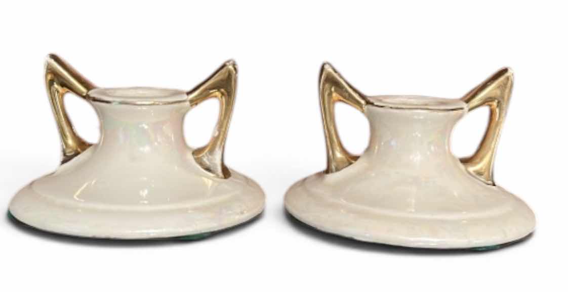 Photo 1 of 2 VINTAGE CERAMIC CANDLESTICK HOLDERS MADE BY THE PEARL CHINA COMPANY, FEATURING A WHITE LUSTERWARE FINISH AND 22-KARAT GOLD ACCENTS H2.75”