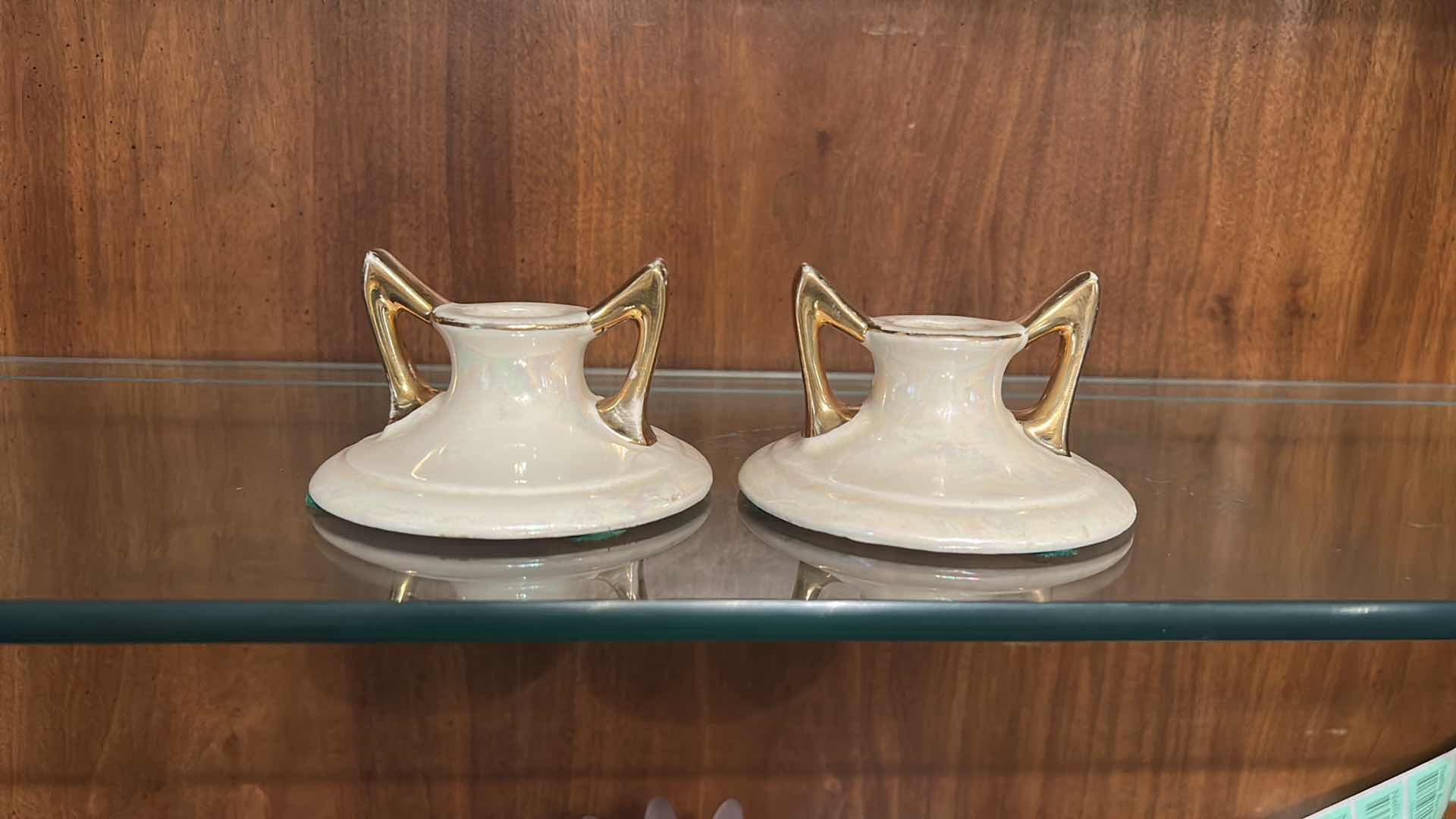Photo 1 of 2 VINTAGE CERAMIC CANDLESTICK HOLDERS MADE BY THE PEARL CHINA COMPANY, FEATURING A WHITE LUSTERWARE FINISH AND 22-KARAT GOLD ACCENTS H2.75”