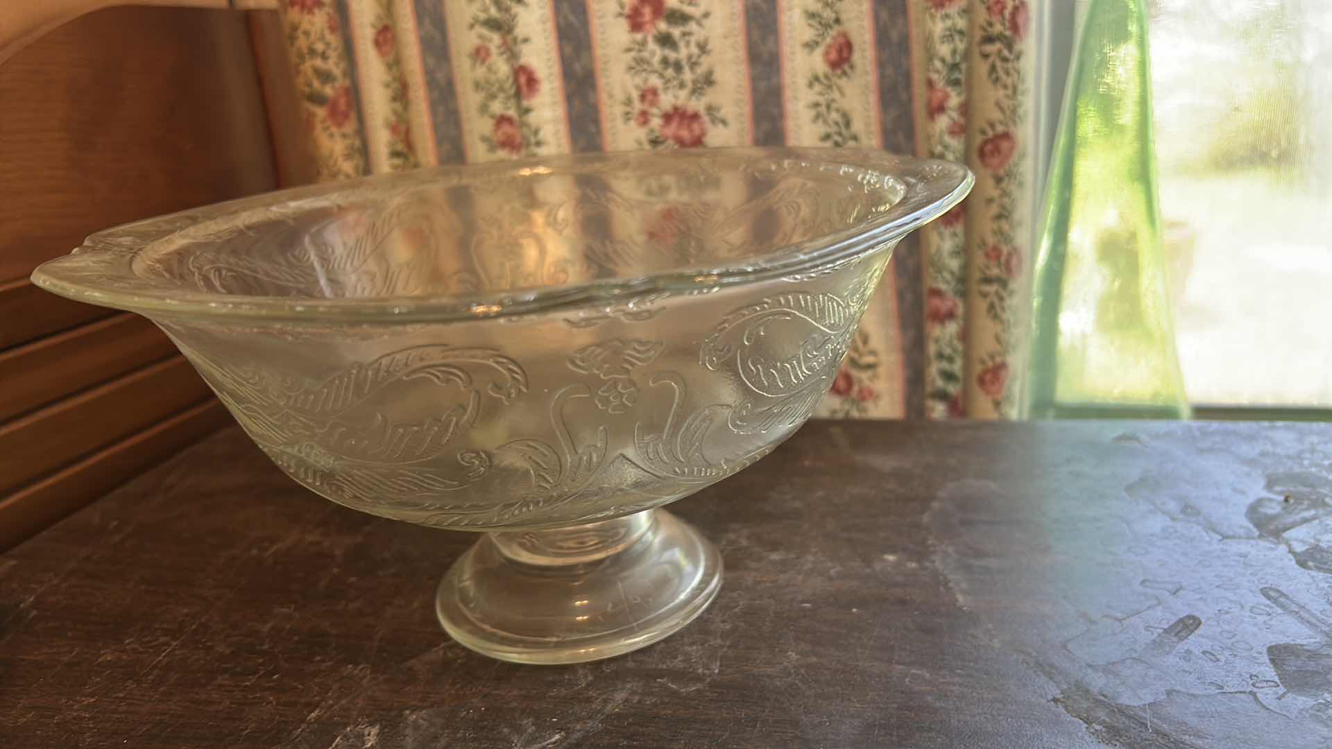 Photo 1 of COLLECTION OF VINTAGE GLASSWARE, FEATURING VARIOUS CLEAR PRESSED GLASS ITEMS SUCH AS A CENTRAL PEDESTAL PUNCH BOWL, SMALLER FOOTED COMPOTES, SERVING BOWLS, AND MUG
