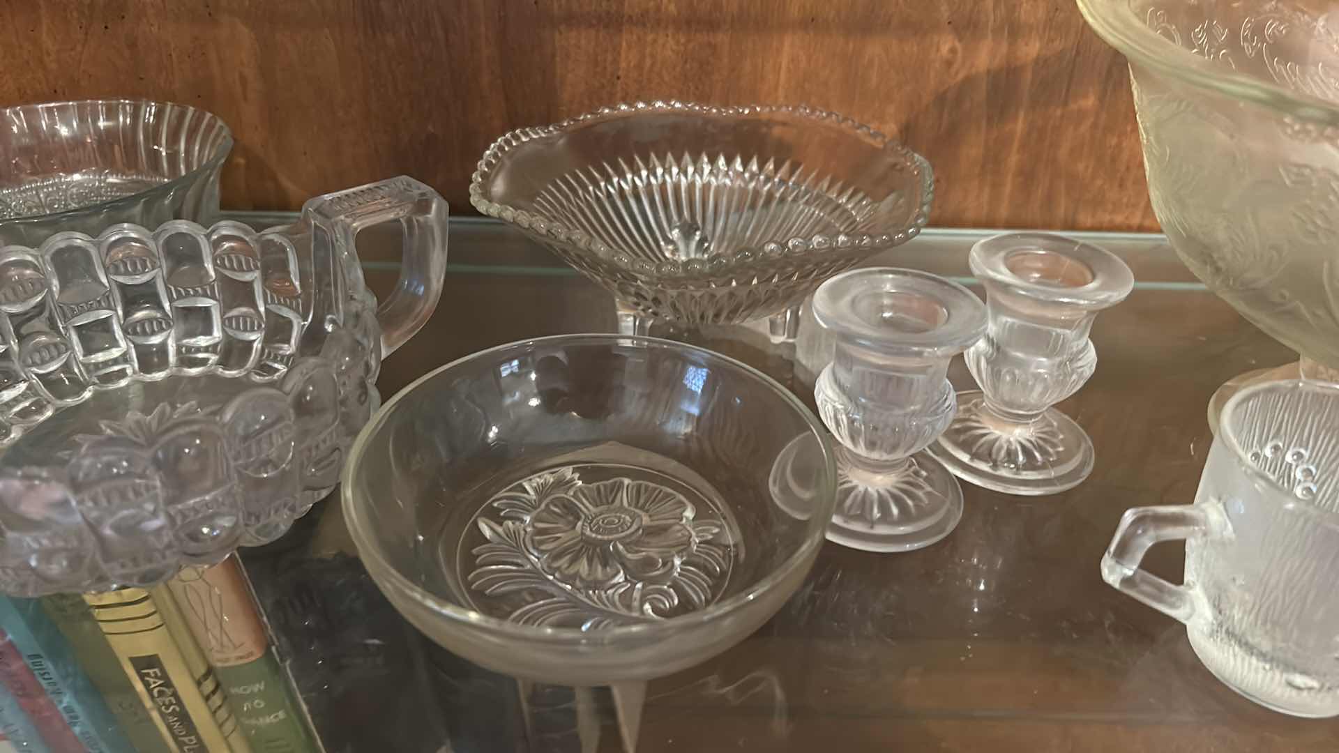 Photo 1 of COLLECTION OF VINTAGE GLASSWARE, FEATURING VARIOUS CLEAR PRESSED GLASS ITEMS SUCH AS A CENTRAL PEDESTAL PUNCH BOWL, SMALLER FOOTED COMPOTES, SERVING BOWLS, AND MUG