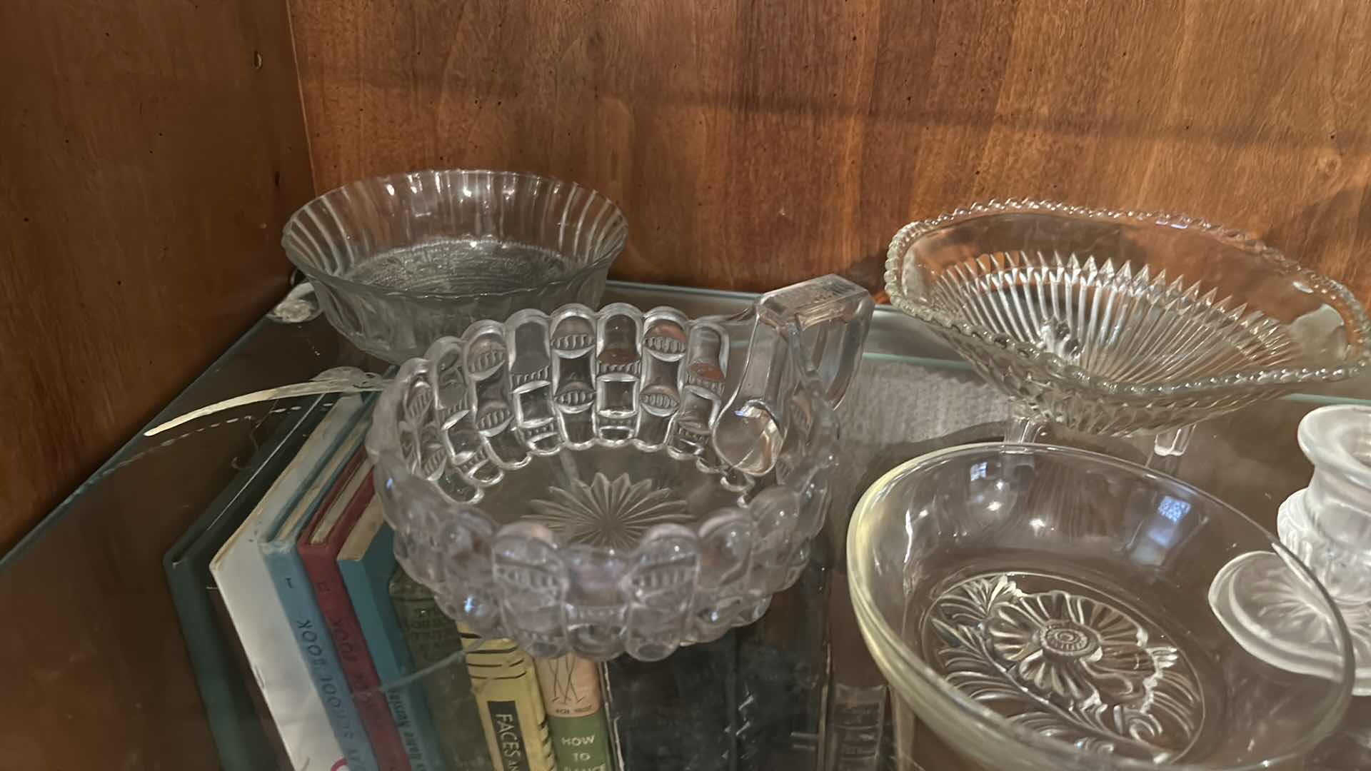 Photo 1 of COLLECTION OF VINTAGE GLASSWARE, FEATURING VARIOUS CLEAR PRESSED GLASS ITEMS SUCH AS A CENTRAL PEDESTAL PUNCH BOWL, SMALLER FOOTED COMPOTES, SERVING BOWLS, AND MUG