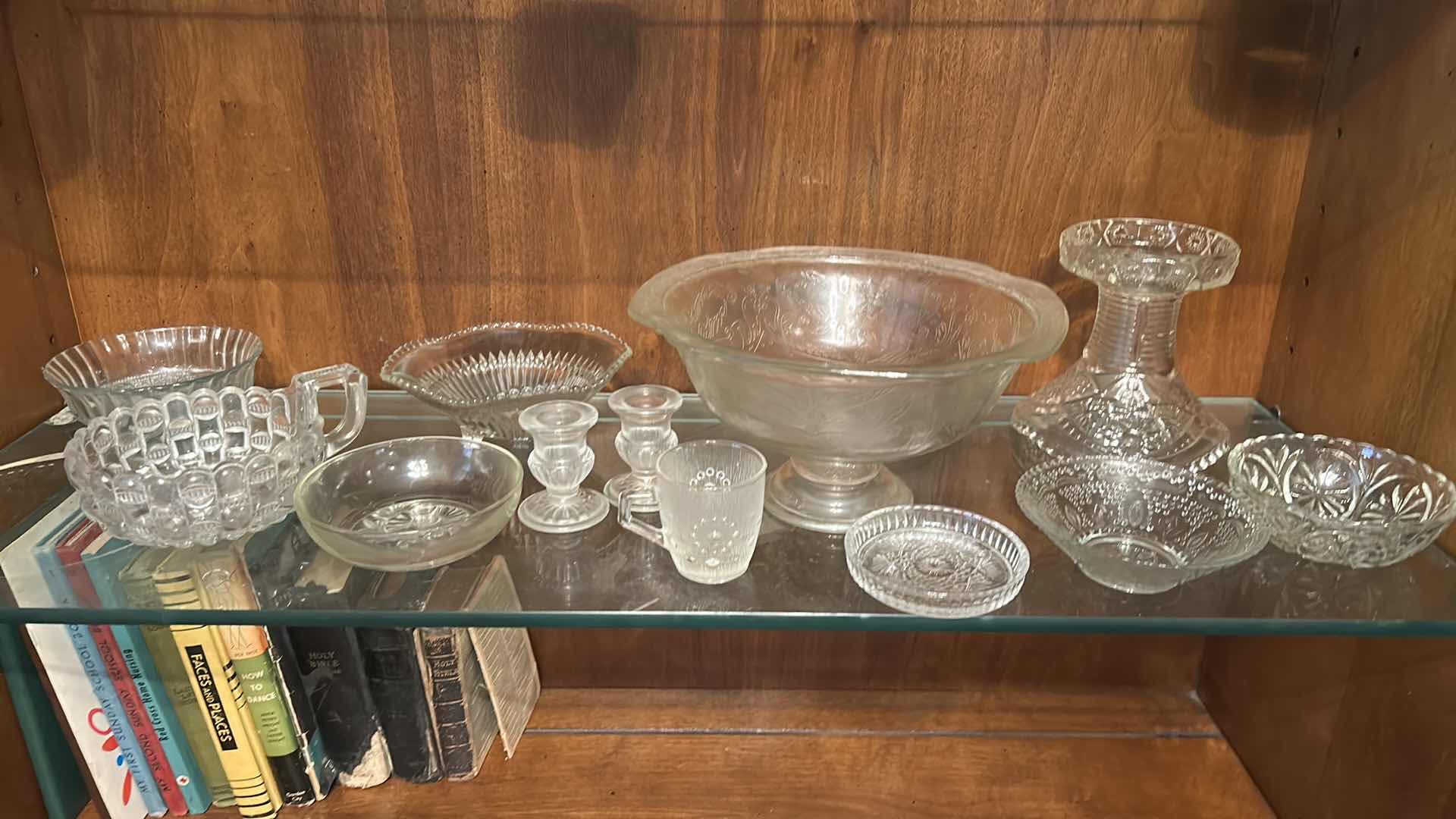 Photo 1 of COLLECTION OF VINTAGE GLASSWARE, FEATURING VARIOUS CLEAR PRESSED GLASS ITEMS SUCH AS A CENTRAL PEDESTAL PUNCH BOWL, SMALLER FOOTED COMPOTES, SERVING BOWLS, AND MUG