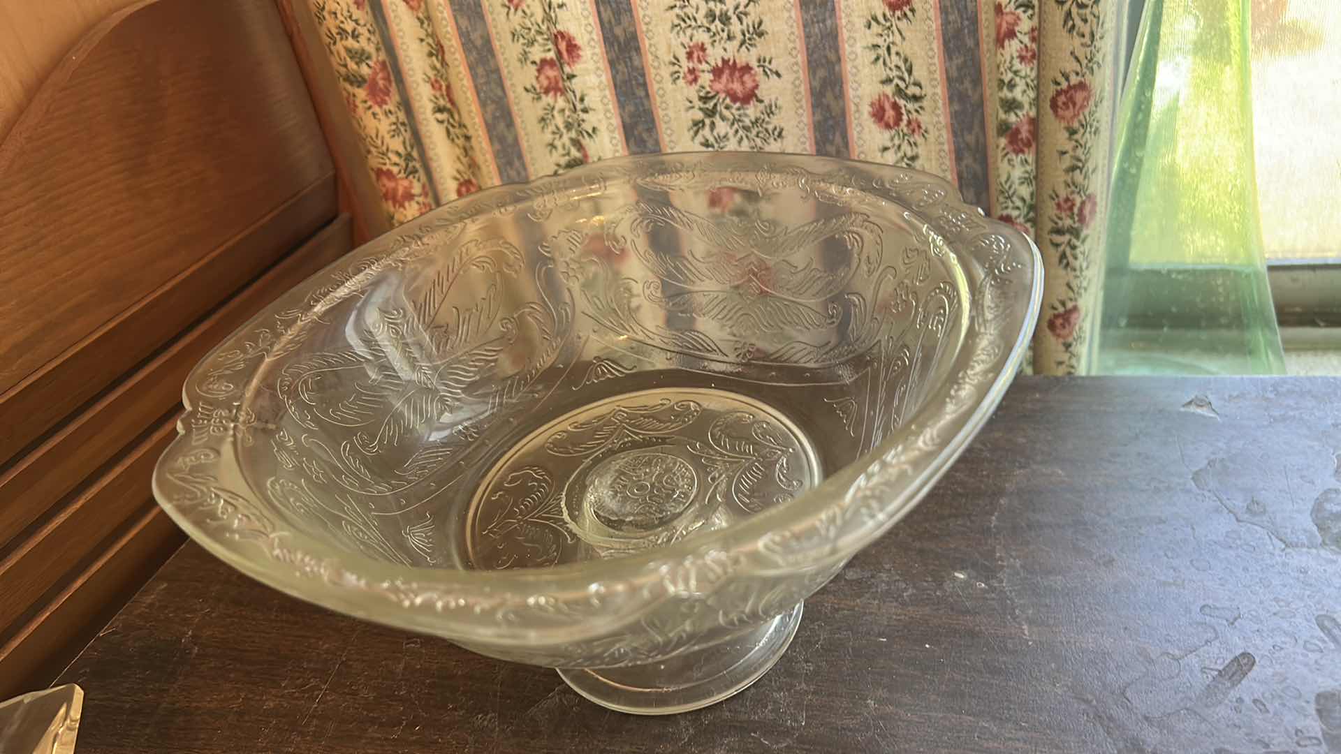 Photo 1 of COLLECTION OF VINTAGE GLASSWARE, FEATURING VARIOUS CLEAR PRESSED GLASS ITEMS SUCH AS A CENTRAL PEDESTAL PUNCH BOWL, SMALLER FOOTED COMPOTES, SERVING BOWLS, AND MUG