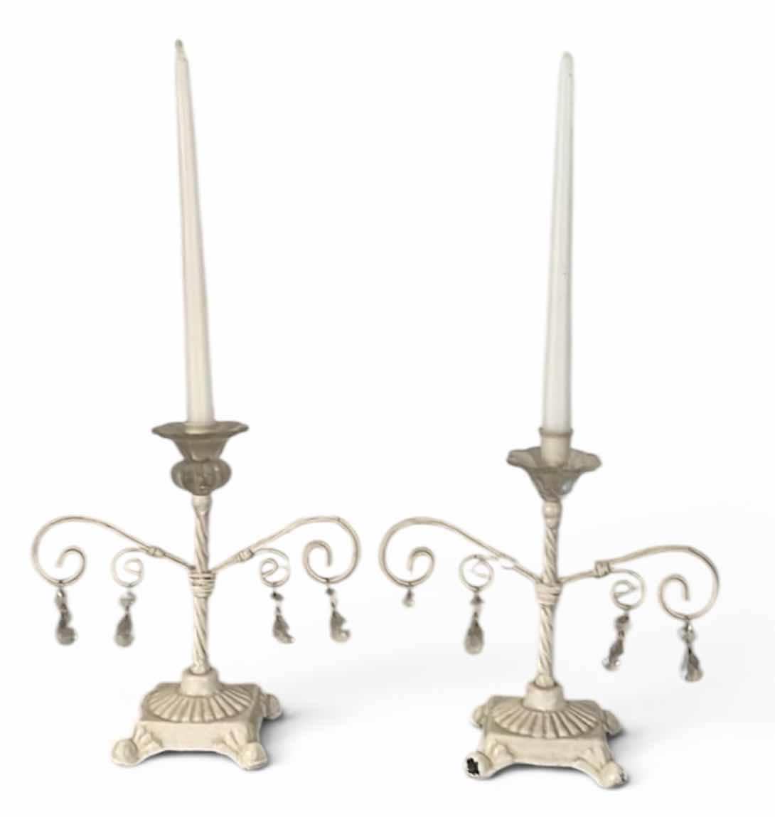 Photo 1 of 2 VINTAGE ENAMEL OVER WROUGHT IRON CANDLE HOLDERS H10”