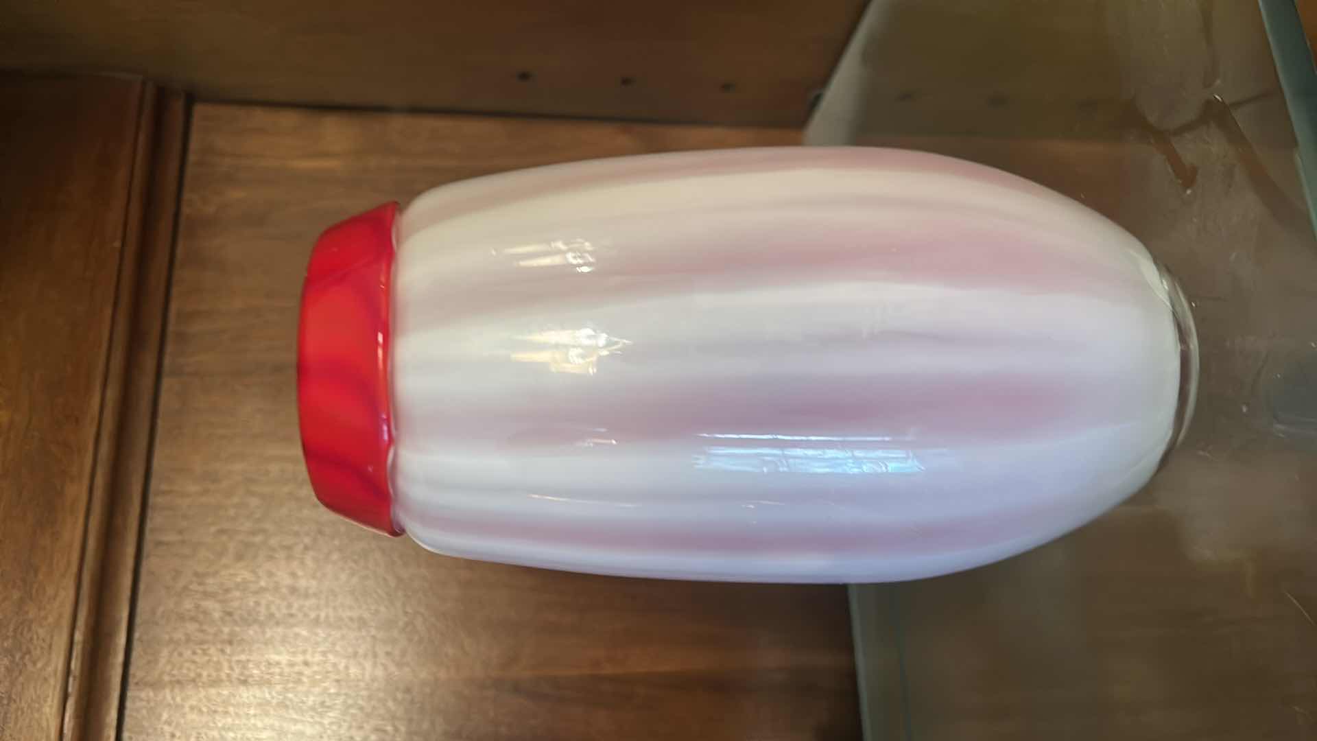 Photo 1 of DALE TIFFANY FAVRILE HAND BLOWN ART GLASS VASE IN A RED AND WHITE STRIPED DESIGN. H8”