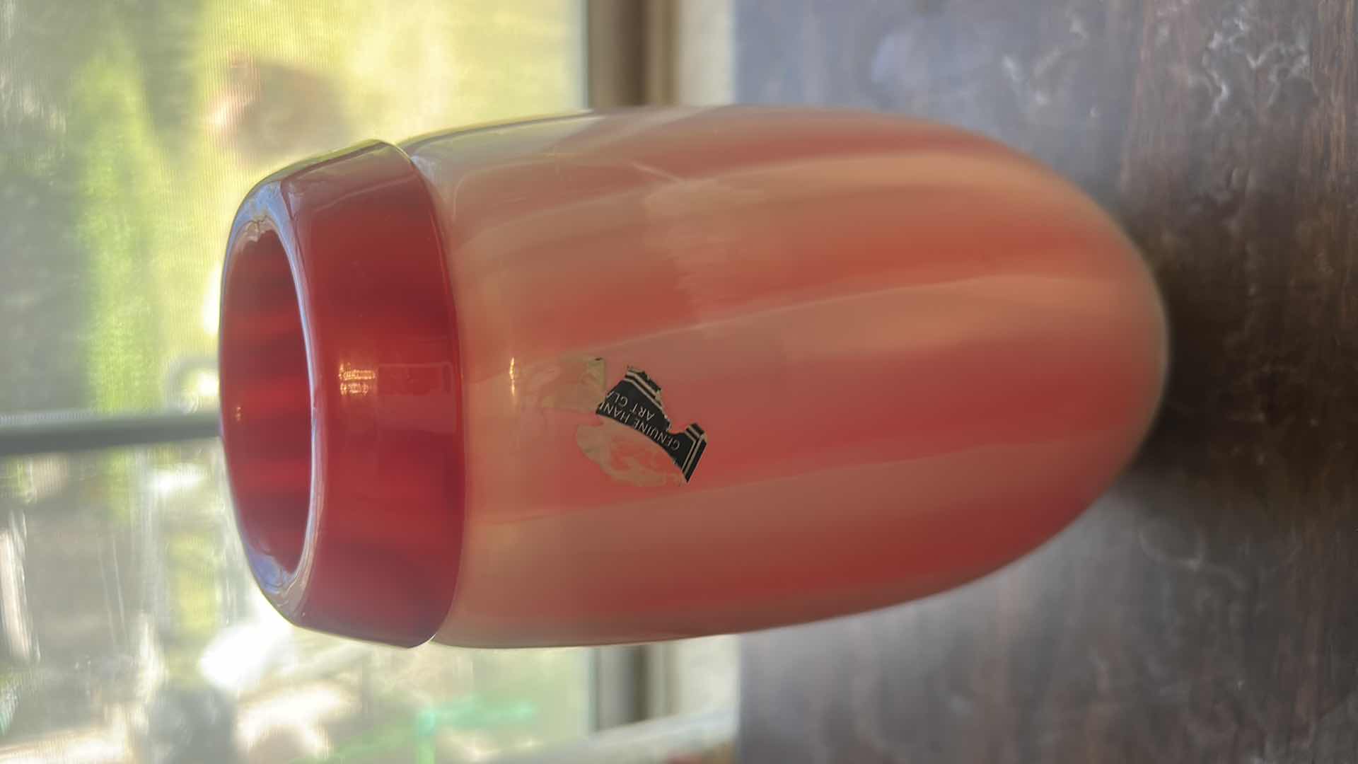 Photo 1 of DALE TIFFANY FAVRILE HAND BLOWN ART GLASS VASE IN A RED AND WHITE STRIPED DESIGN. H8”