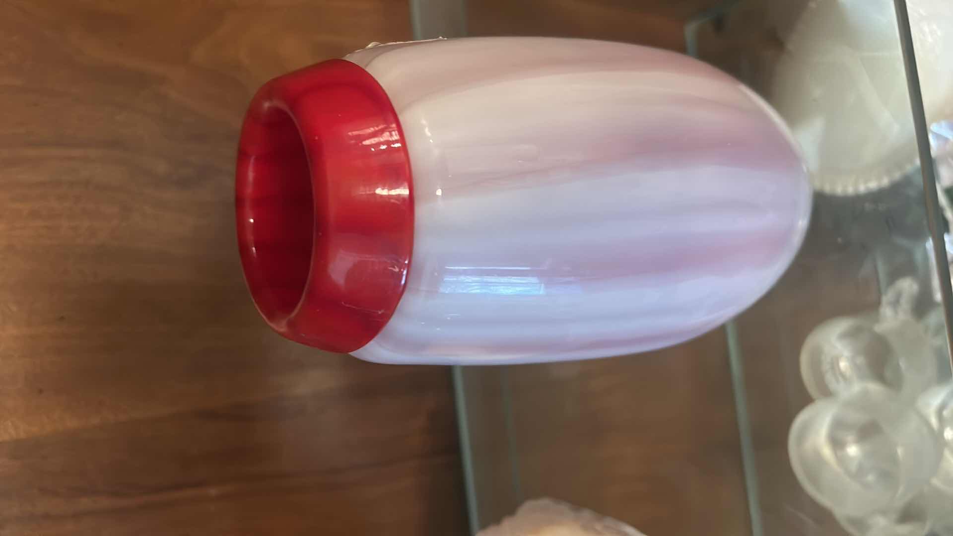 Photo 1 of DALE TIFFANY FAVRILE HAND BLOWN ART GLASS VASE IN A RED AND WHITE STRIPED DESIGN. H8”