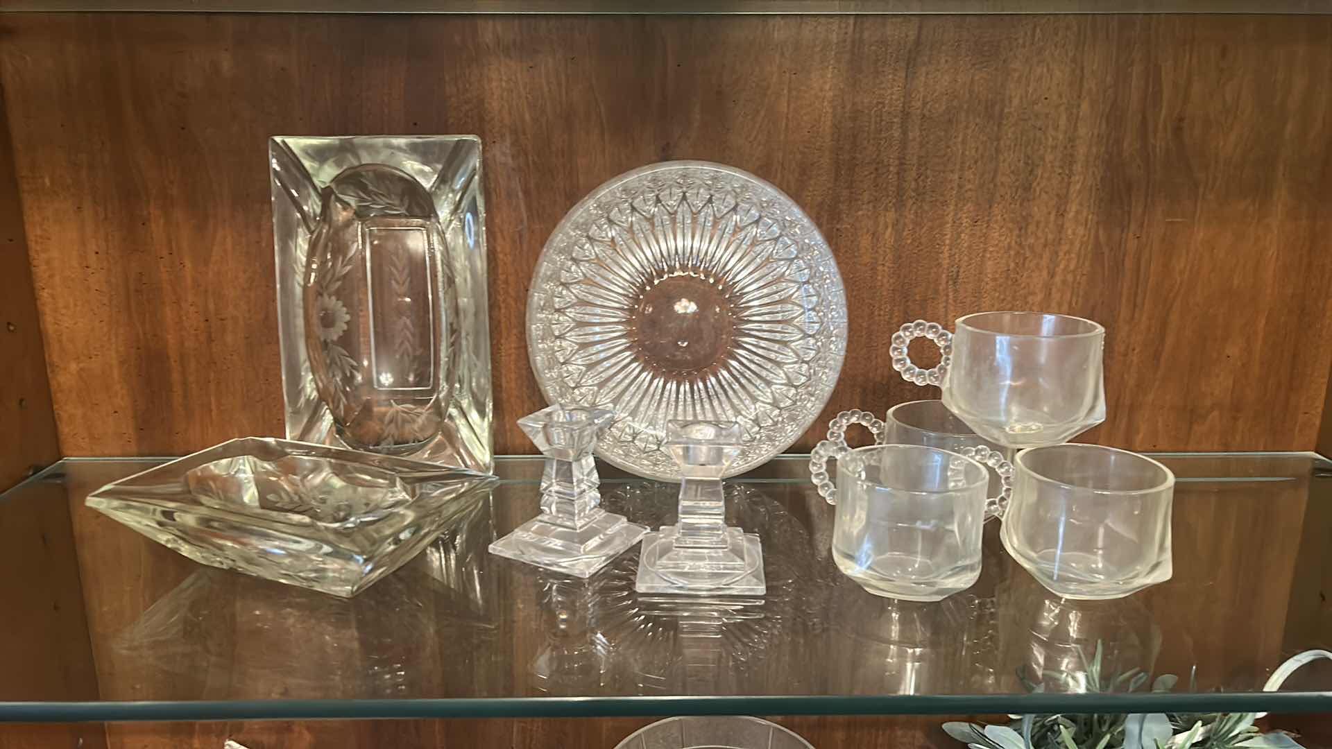 Photo 1 of CRYSTAL AND GLASSWARE - VINTAGE HAZEL ATLAS “ORCHARD CRYSTAL” PUNCH CUPS, VINTAGE GORHAM ALTHEA FULL LEAD CRYSTAL BOWL,, CANDLE HOLDERS, ASHTRAYS,  & MORE