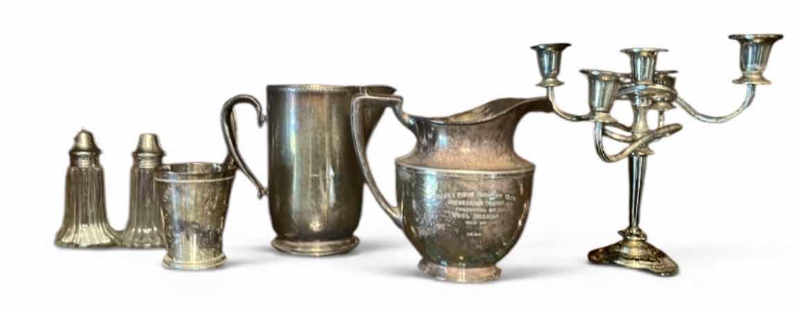 Photo 1 of 6 SILVER PLATED PCS - CANDELABRA, SALT AND PEPPER, PITCHERS AND CUP