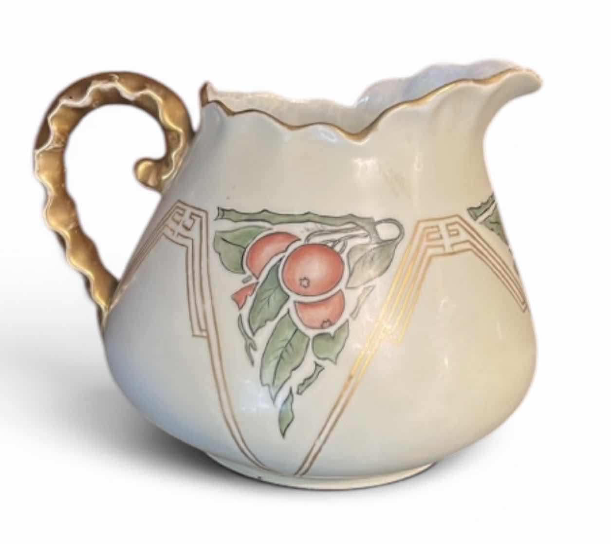 Photo 1 of ANTIQUE PORCELAIN WATER PITCHER OR CIDER JUG, LIKELY PRODUCED IN GERMANY OR FRANCE BETWEEN THE LATE 19TH AND EARLY 20TH CENTURY, FEATURING HAND-PAINTED RED CHERRY DESIGNS AND