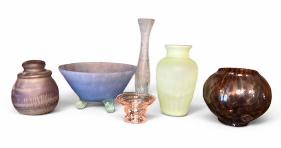 Photo 1 of 6 PC COLORED GLASS VASES & BOWLS