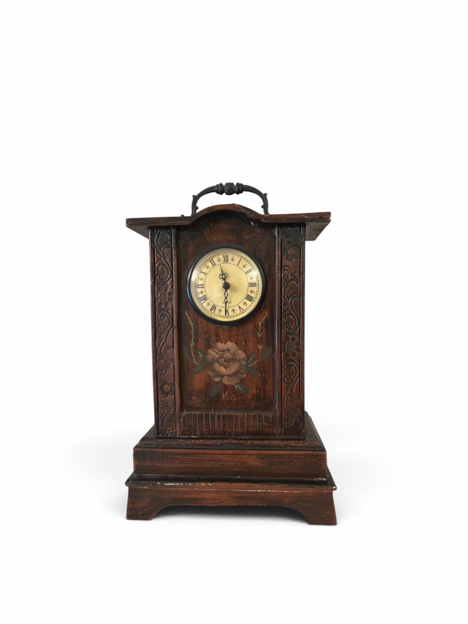 View 2 of WOOD MANTEL CLOCK, FEATURING DECORATIVE FLORAL PAINTING H12”