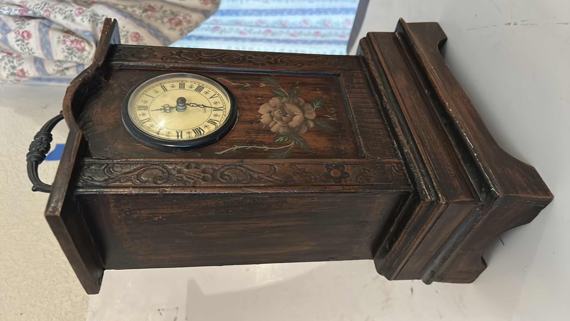 View 4 of WOOD MANTEL CLOCK, FEATURING DECORATIVE FLORAL PAINTING H12”